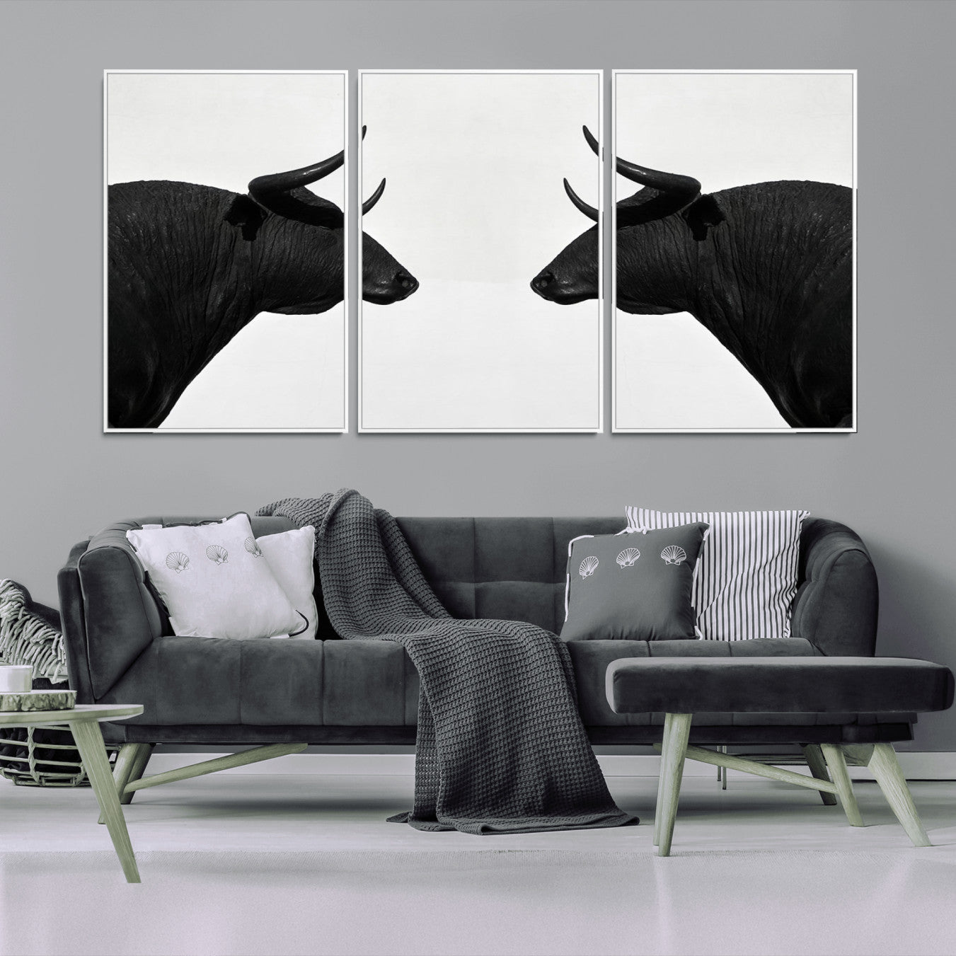 16038-MGV-FC-60X30-3P_White-Spanish Bull Art - Framed Black and White Bull Canvas Print for Modern Rustic Home or Office Decor