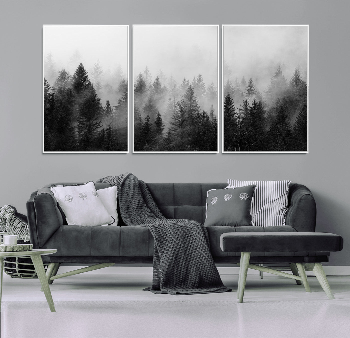 40700-MGV-CV-36X24-Foggy Black and White Forest Canvas Wall Art, 3 Panel Misty Pine Trees Canvas Print for Living Room,