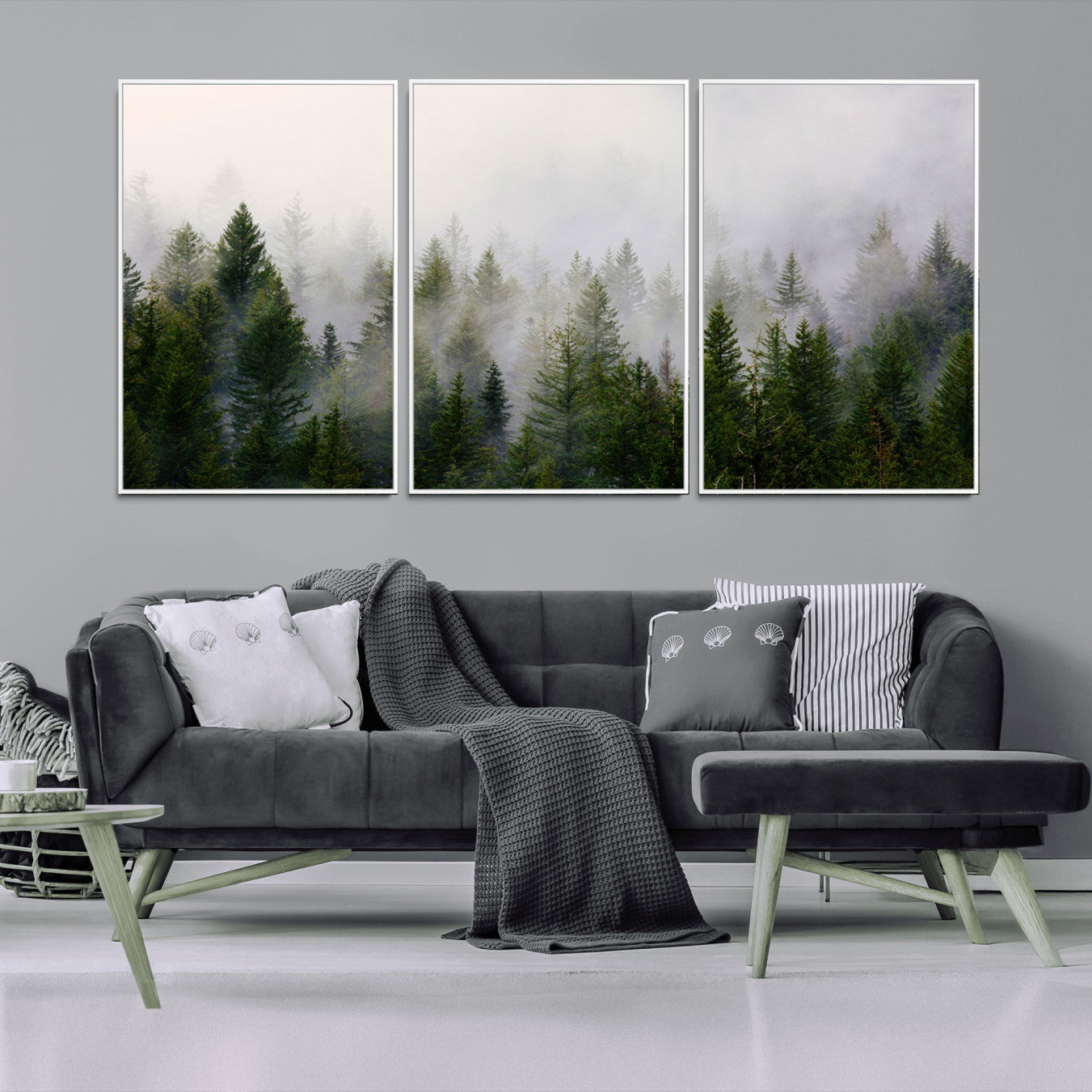 -Misty Pine Forest Wall Art Canvas Print | 3 Panel Green Woodland Canvas Print for Living Room,