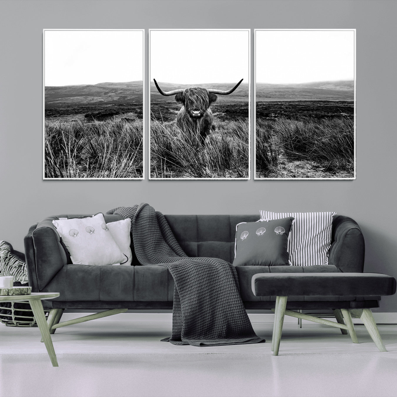-Black and White Highland Cow Canvas Wall Art, Longhorn Triptych Western Wall Decor for Cabin -