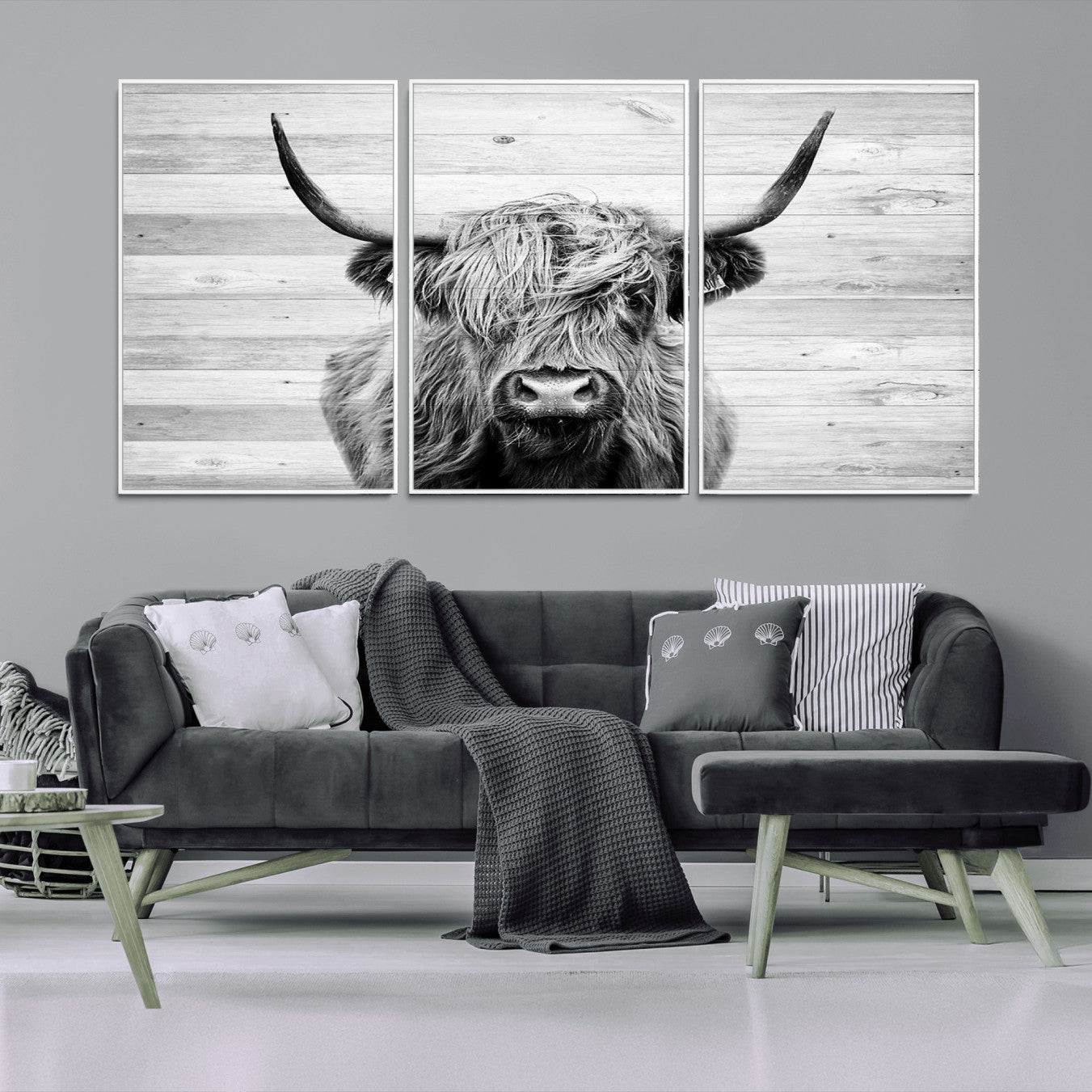 -Scottish Highland Cow Cattle Art Print on Wood Background Style, Scottish Highland Cow Wall Art