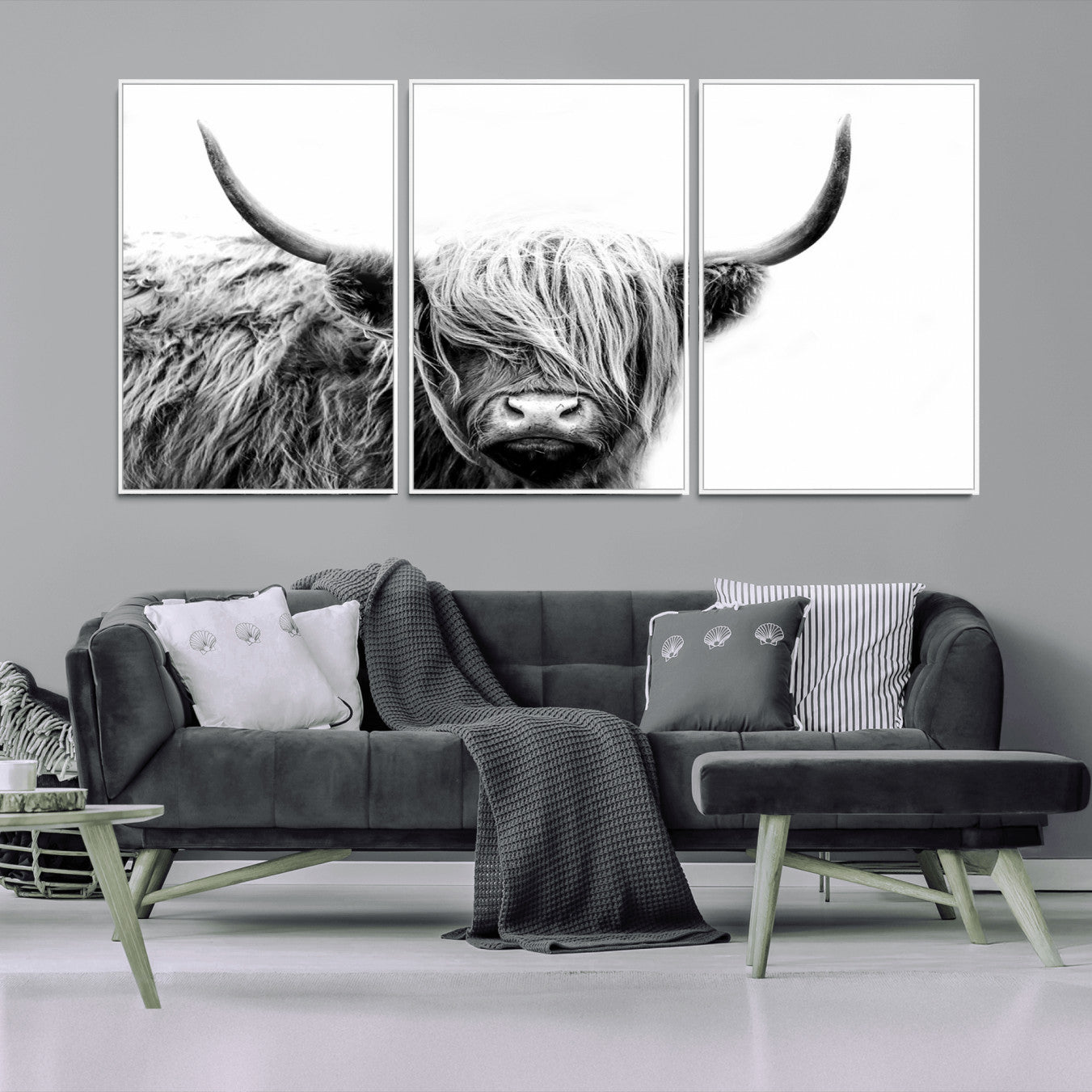 -Black White Scottish Highland Cow Cattle Art Print Farmhouse Wall Art Canvas Print