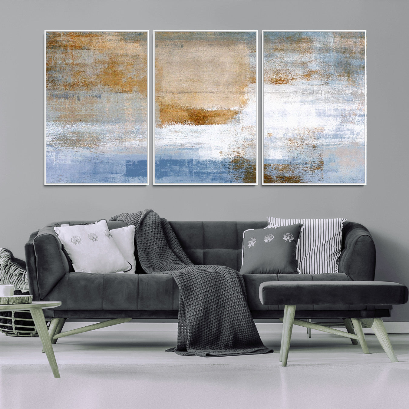 72354-MGV-CV-36X24-Blue Multi Panel Abstract Wall Art Canvas, Abstract Blue and Gold Canvas Print