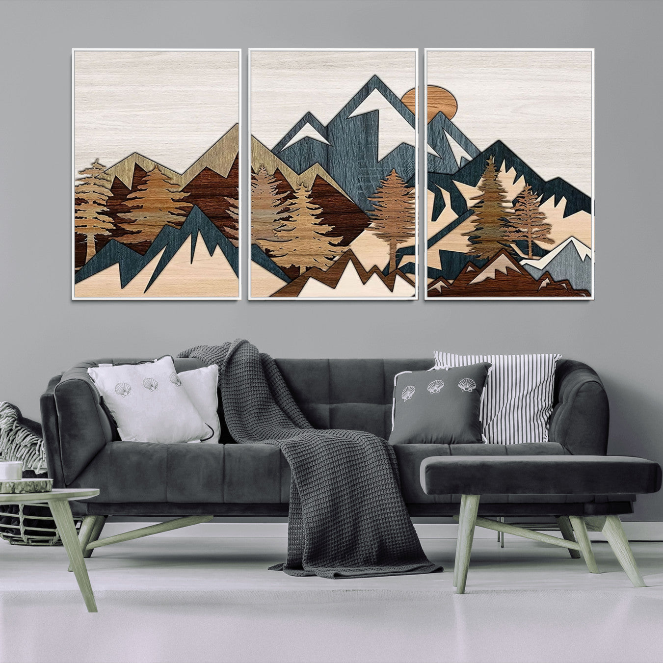 67950-MGV-CV-36X24-Rustic Abstract Wood Panel Effect Canvas Mountain Range Top Wood Wall Art Canvas Print