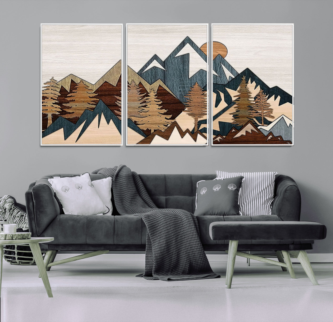 67950-MGV-CV-36X24-Rustic Abstract Wood Panel Effect Canvas Mountain Range Top Wood Wall Art Canvas Print
