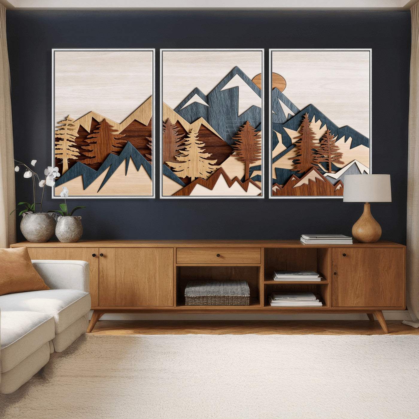 67950-MGV-CV-36X24 - Rustic Abstract Wood Panel Effect Canvas Mountain Range Top Wood Wall Art Canvas Print