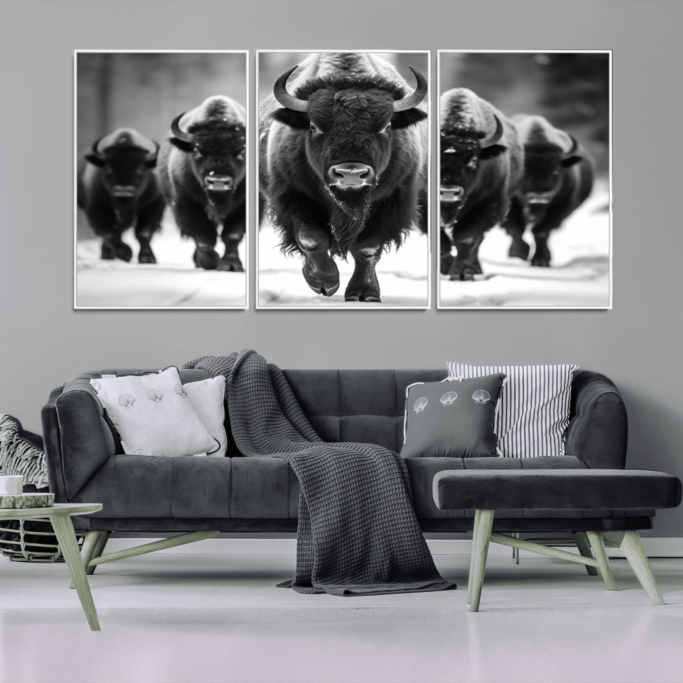 -American Bison Art | Buffalo Herd Wall Art Canvas Print, BW American Bison Herd Wall Art Canvas