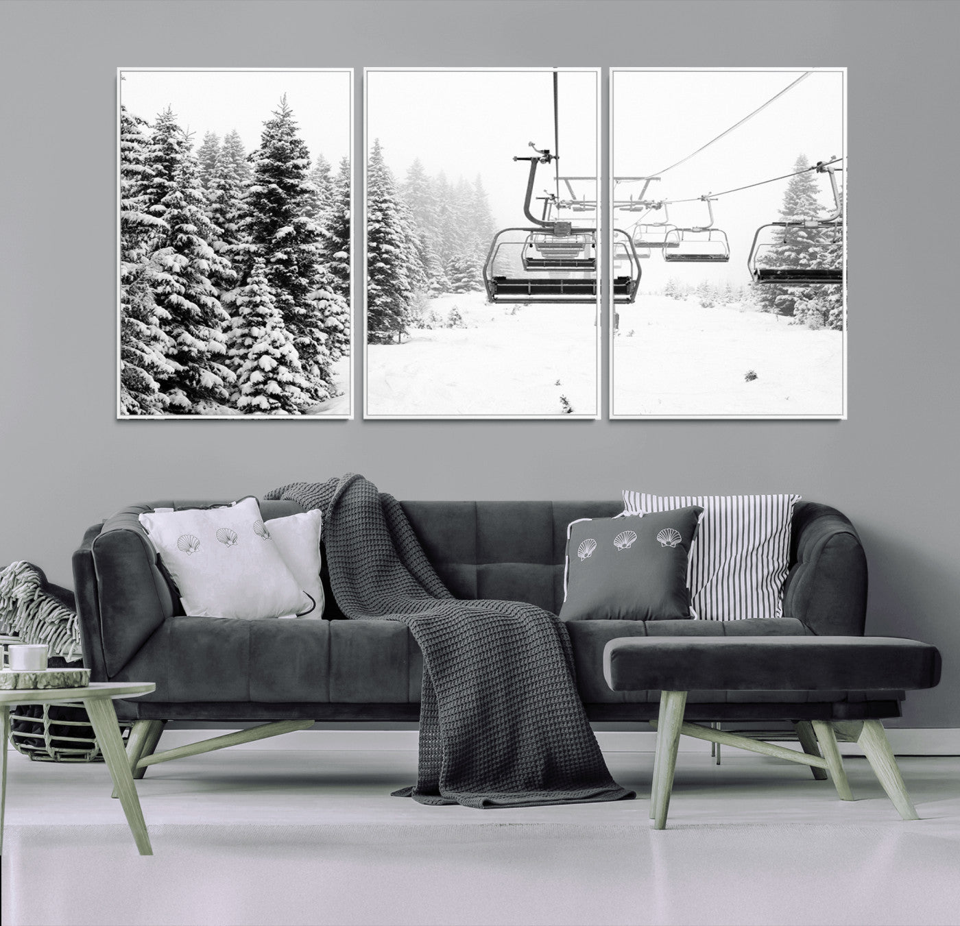 70609-MGV-CV-36X24-Winter Forest Wall Art Canvas Print – Framed Snowy Mountain Scene with Ski Lift Landscape Artwork for Home, Office Decor