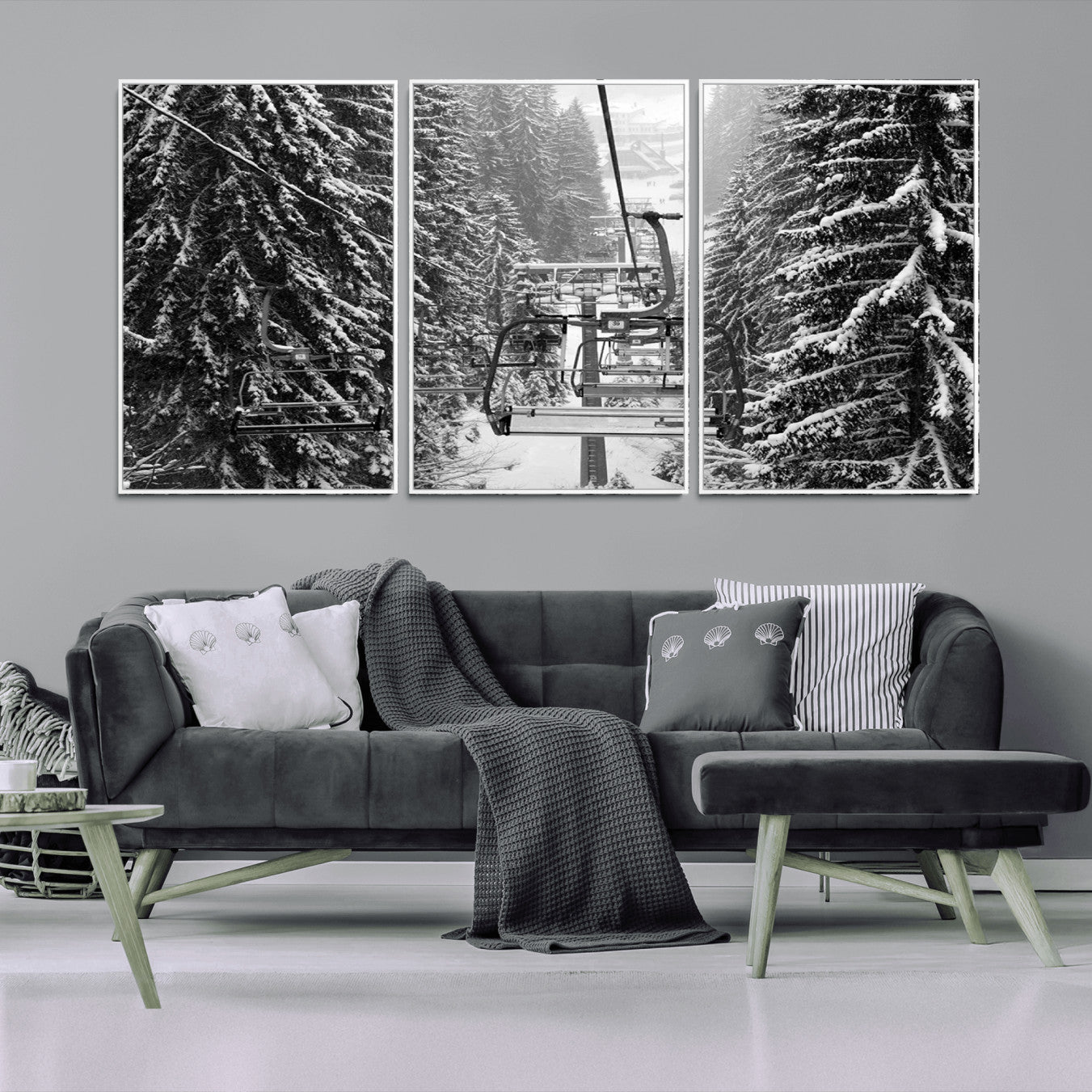 -Winter Ski Lift Black and White Canvas Wall Art – Alpine Escape in Minimalist Style – Winter Ski