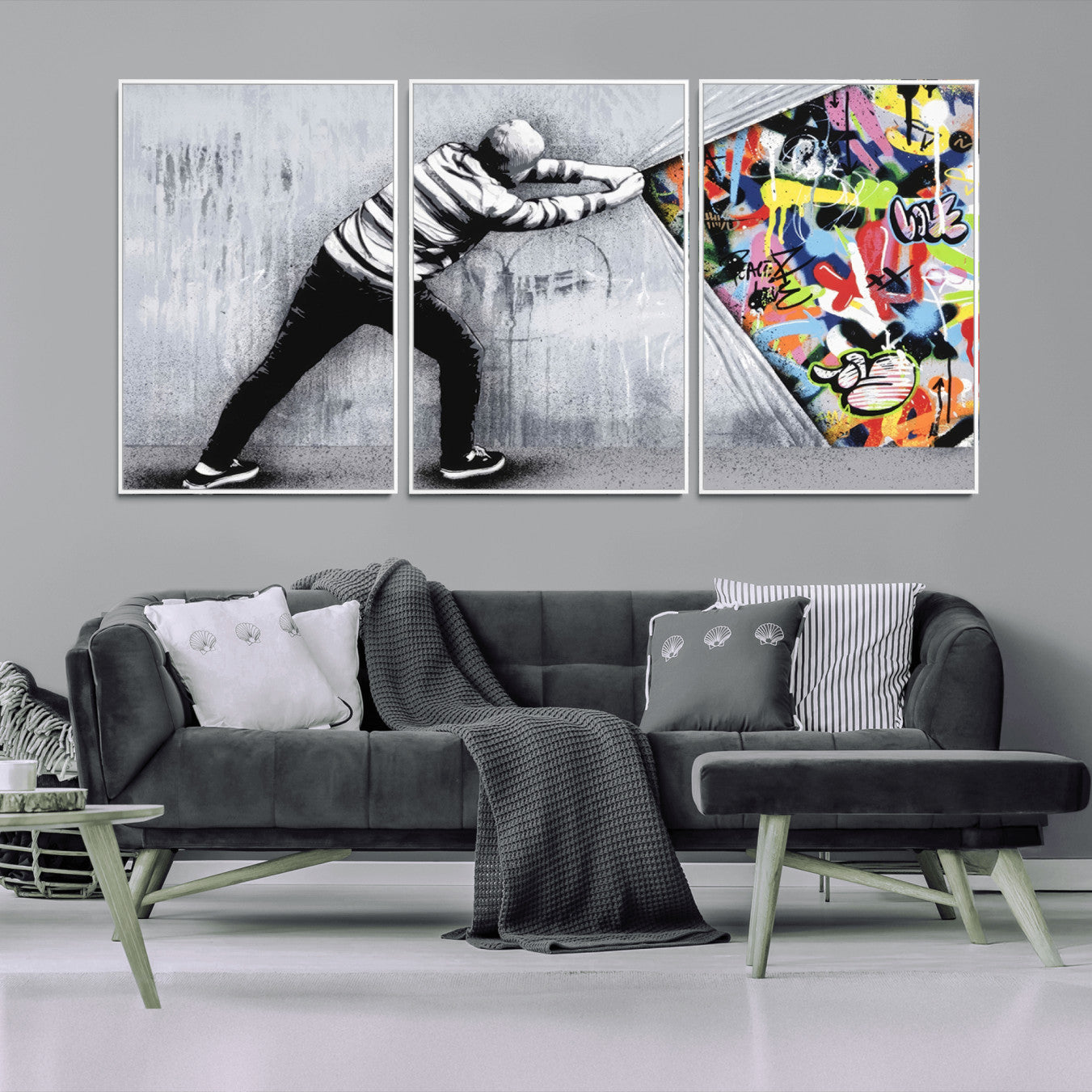 -Banksy Art Behind the Curtain Street Wall Art Canvas Print | 3-Panel Urban Graffiti-Inspired Wall