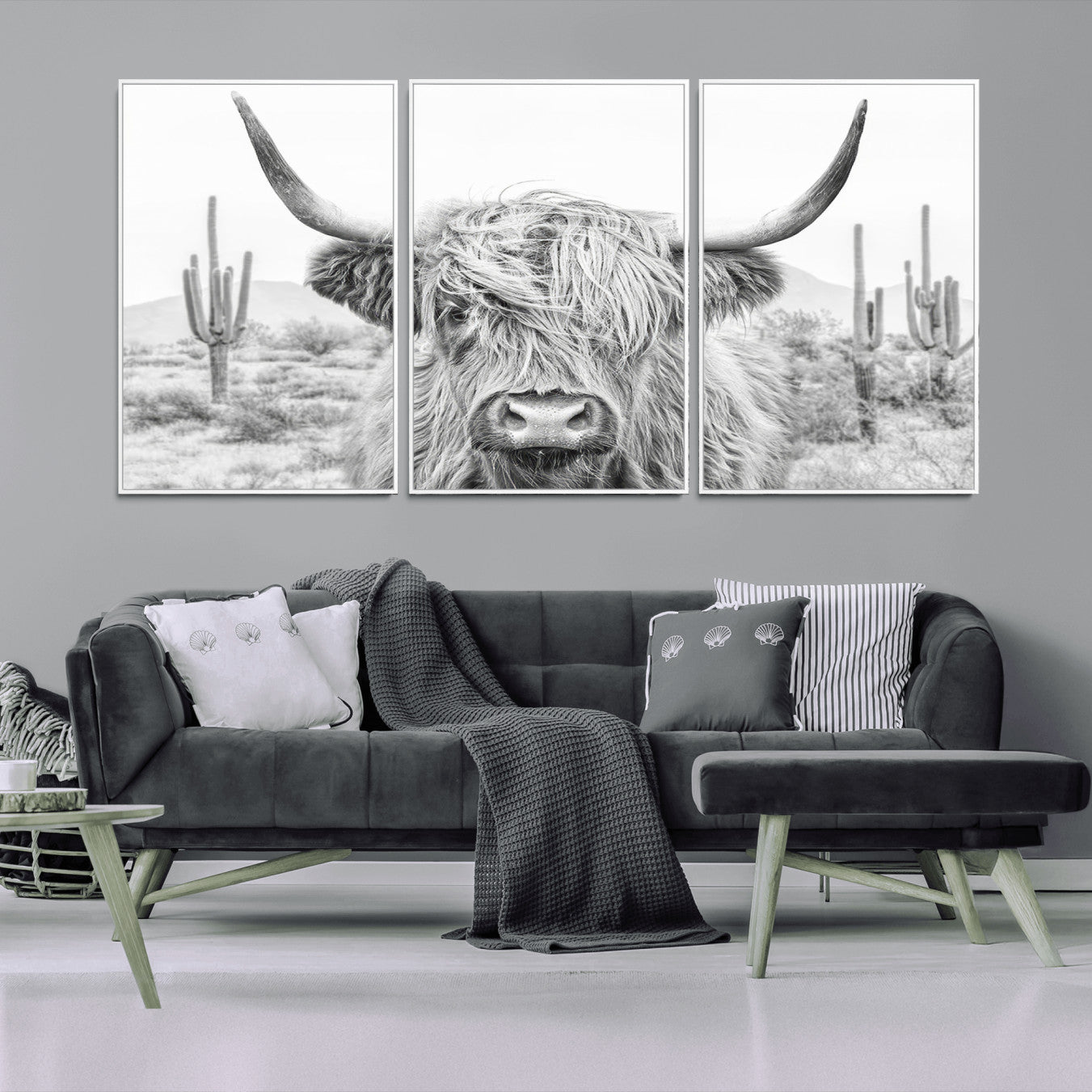 -Rustic Charm | Cow Longhorn Black White Bighorn Wall Art Canvas Print | Farmhouse Wall Art