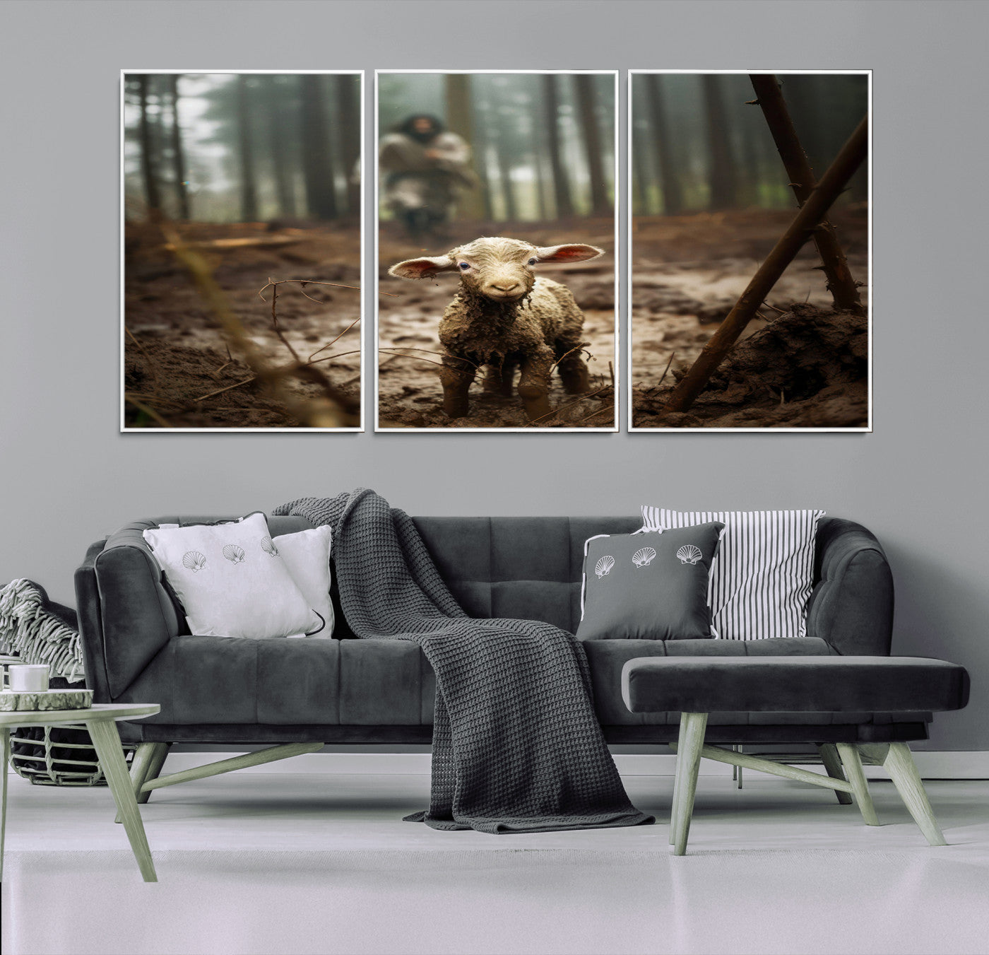 49996-MGV-FC-60X30-3P_White-Jesus Lost Lamb Canvas Wall Art – Heartwarming Woodland Scene – Ready to Hang - Christian Religion