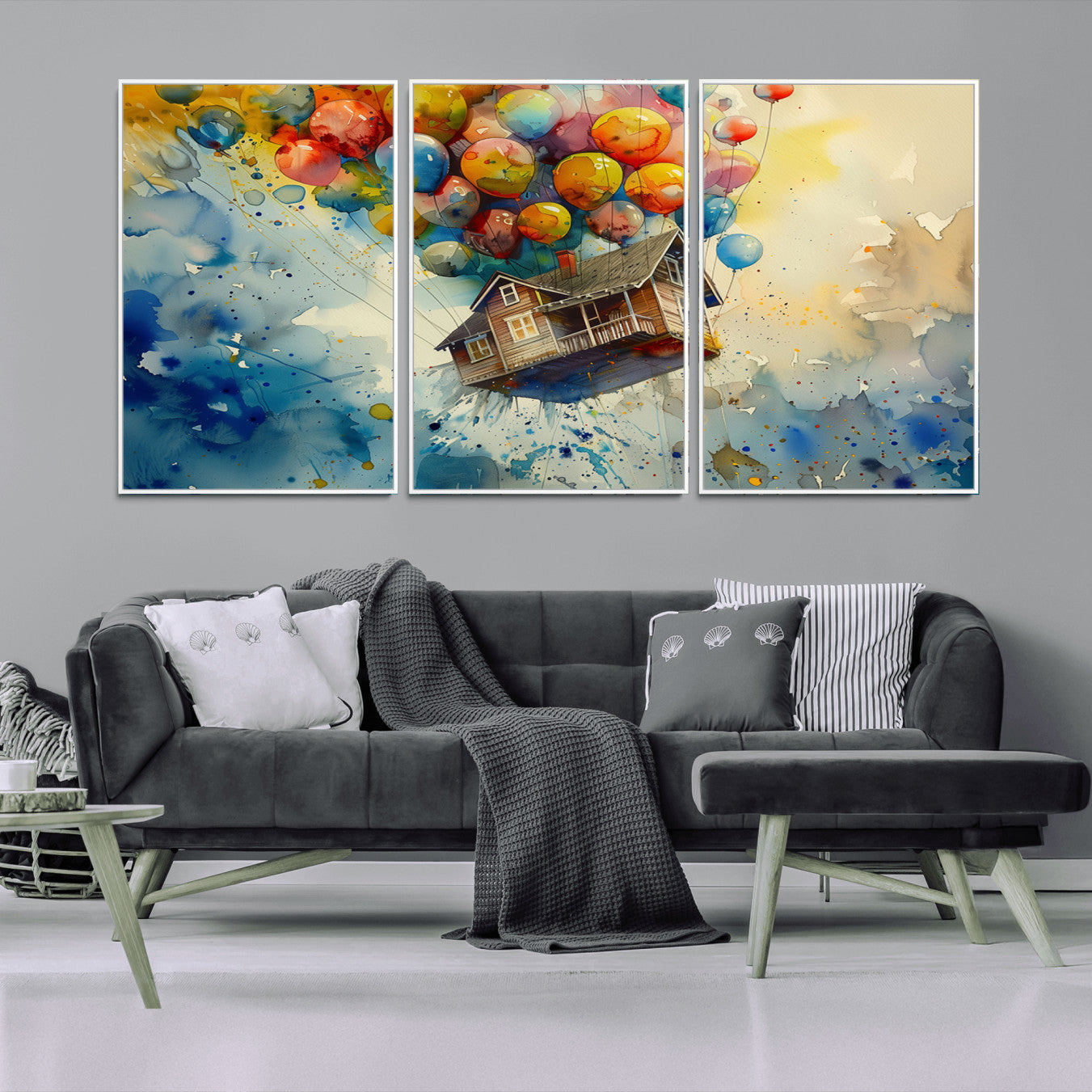 77149-MGV-FC-60X30-3P_White-UP-Inspired Floating House with Balloons Canvas Art – Colorful 3-Panel Wall Decor for Living Room,