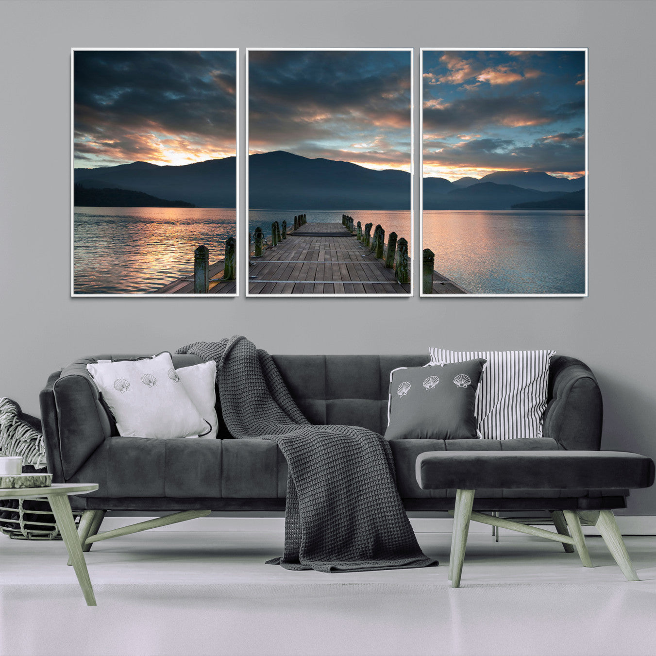 -Mountain Lake Wood Pier Canvas Wall Art Nature Lake Print