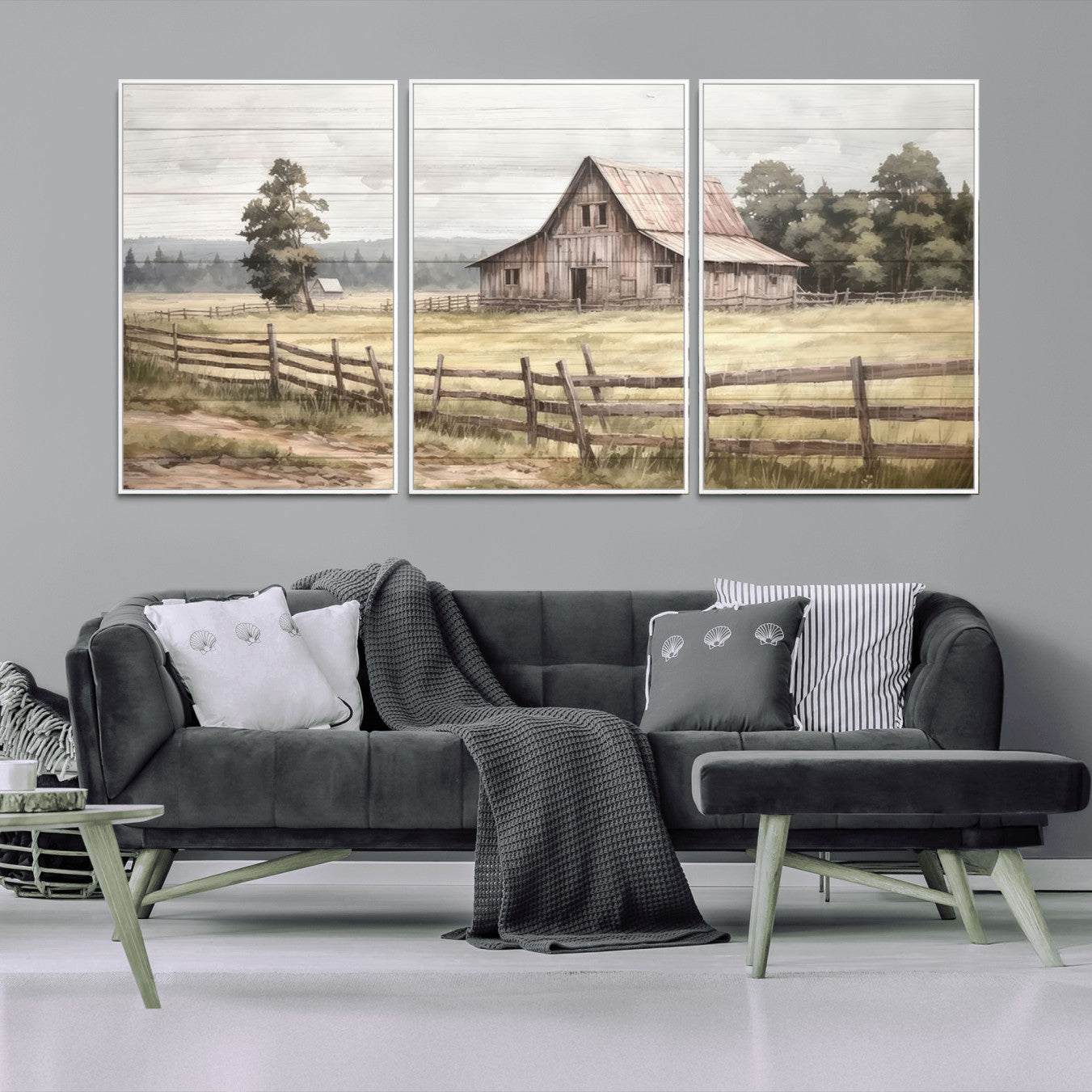 87489-MGV-CV-36X24-Rustic Farmhouse Barn Wall Art | 3-Panel Framed Gallery Wrap Giclee Canvas Print for Living Room,
