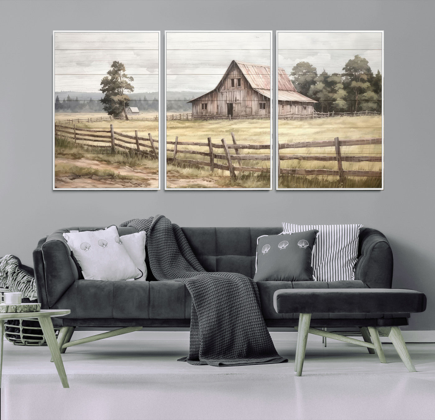 87489-MGV-CV-36X24-Rustic Farmhouse Barn Wall Art | 3-Panel Framed Gallery Wrap Giclee Canvas Print for Living Room,