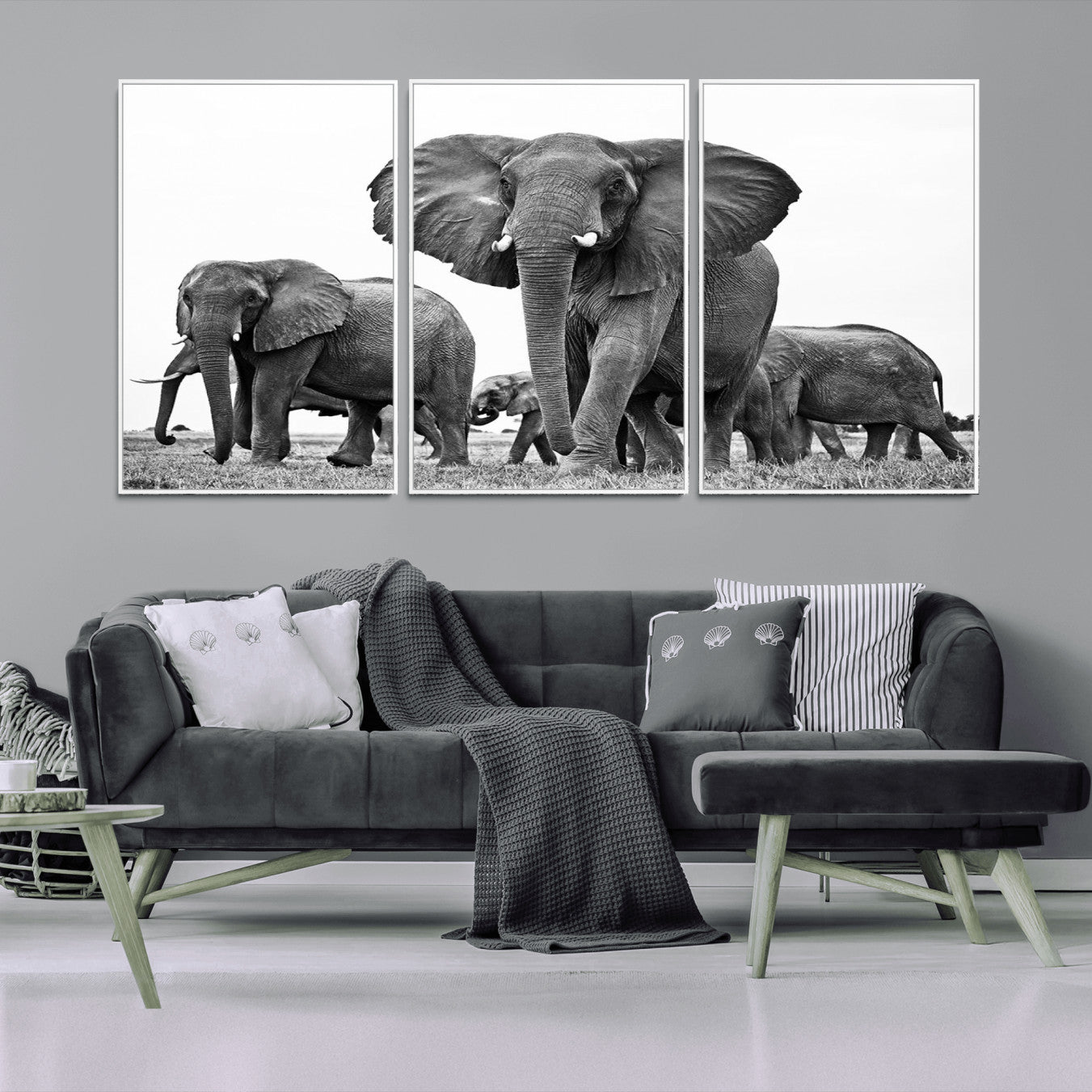 -Black White Elephant Family Wall Art Canvas Print