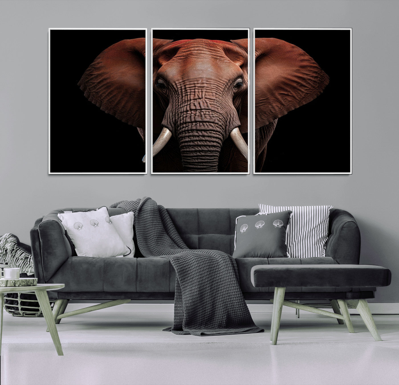 21941-MGV-FC-60X30-3P_White-Wild Elephant Wall Art Canvas Print, Africa Savannah Wild Animal Wall Decor Print