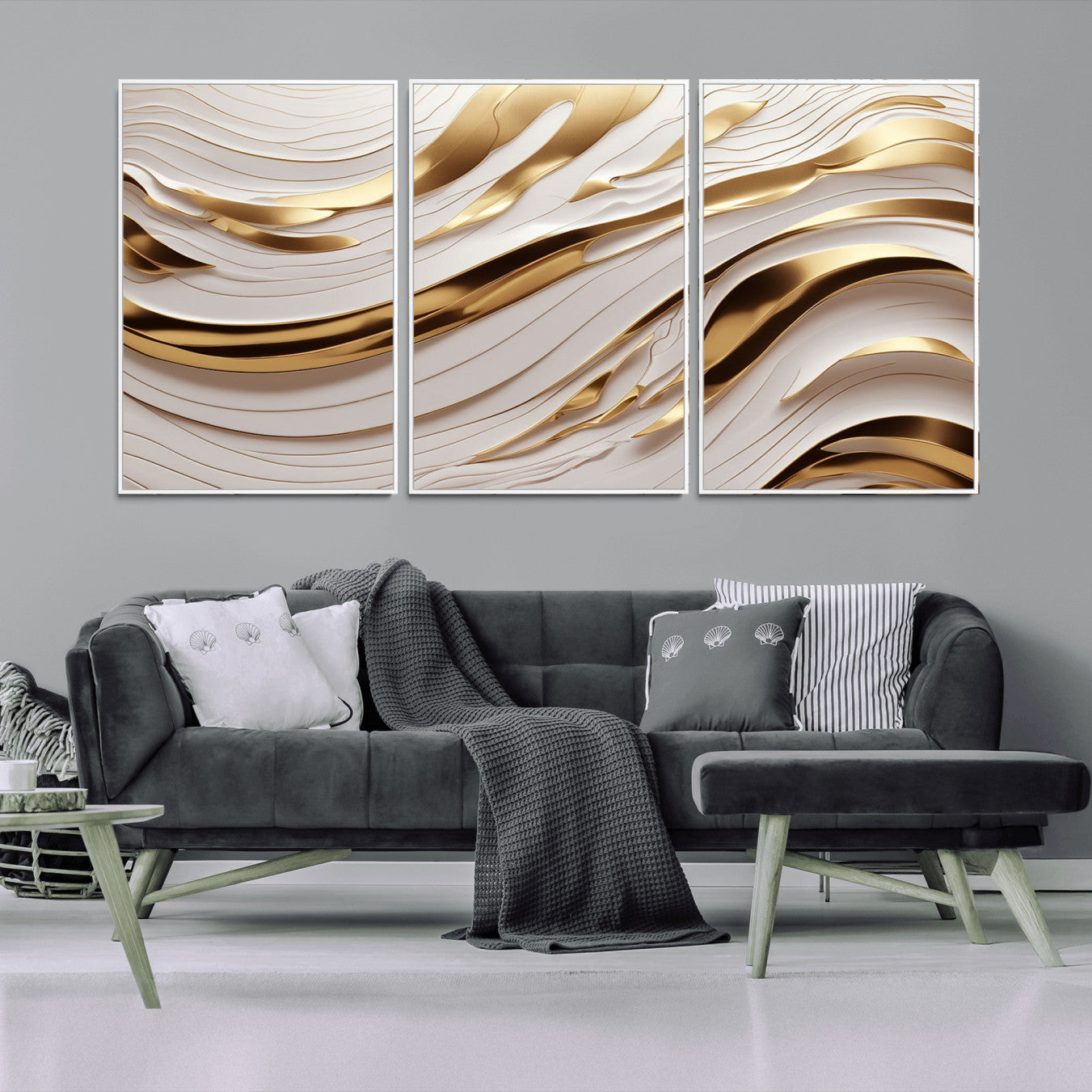 81197-MGV-CV-36X24-Gold and White Abstract Wave Canvas – Elegant Flowing Design with Luxurious Golden Accents –