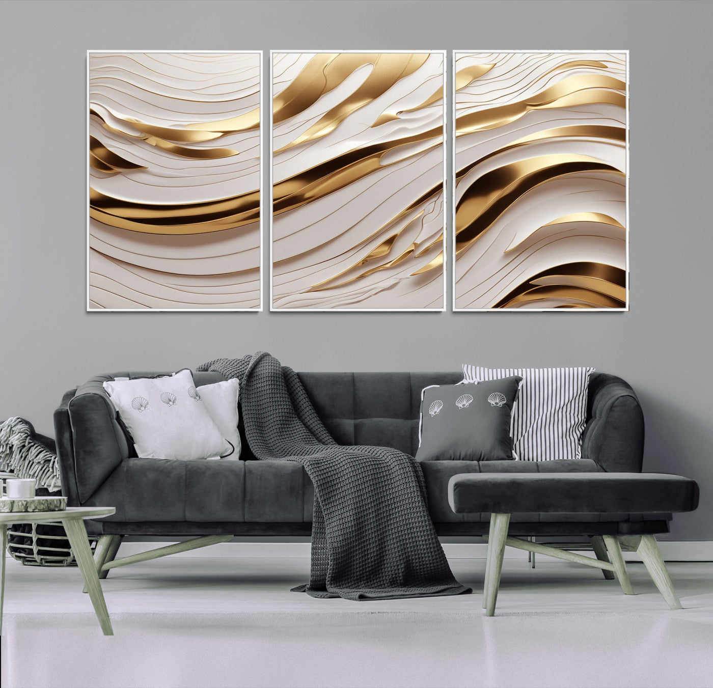 81197-MGV-CV-36X24-Gold and White Abstract Wave Canvas – Elegant Flowing Design with Luxurious Golden Accents –
