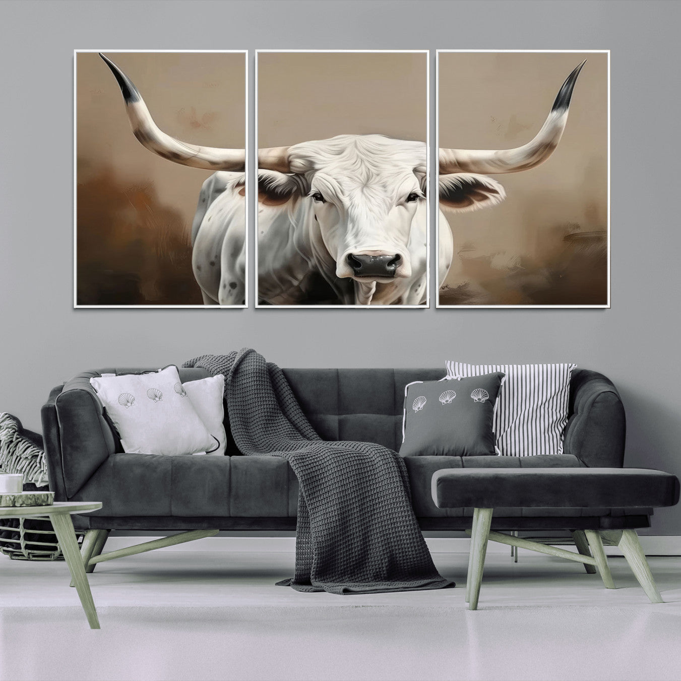 61423-MGV-FC-60X30-3P_White-White Longhorn Bull Wall Art Canvas Print – Framed and Ready to Hang – Perfect for Farmhouse and
