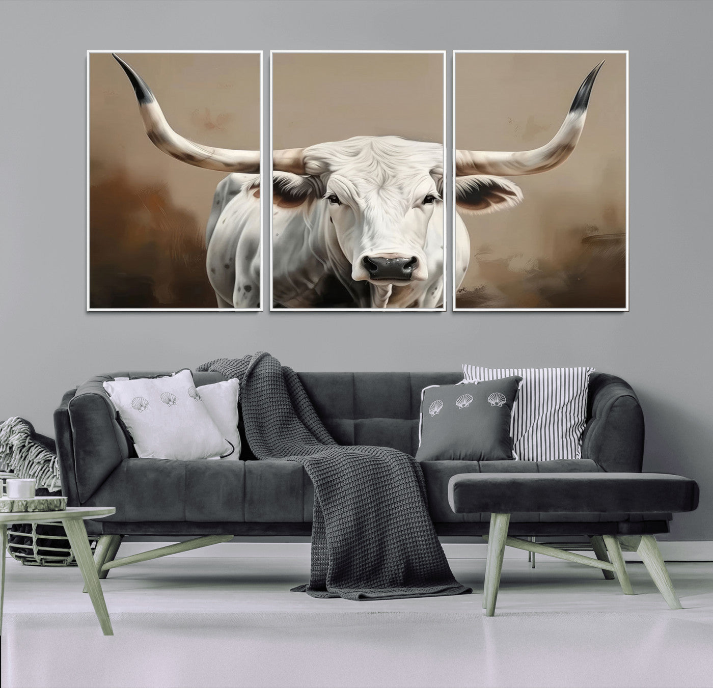 61423-MGV-FC-60X30-3P_White-White Longhorn Bull Wall Art Canvas Print – Framed and Ready to Hang – Perfect for Farmhouse and