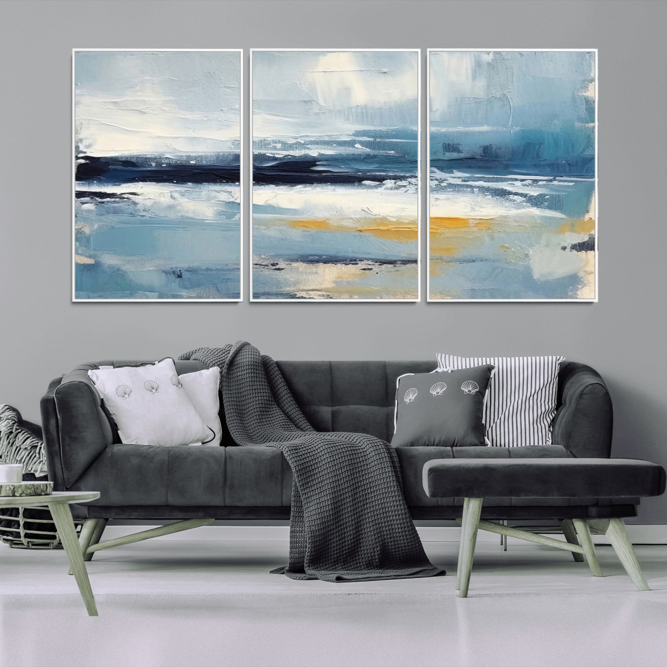 19746-MGV-CV-36X24-Abstract Ocean Canvas Wall Art - Coastal Blue and Gold Textured Painting, Modern Seascape Decor for