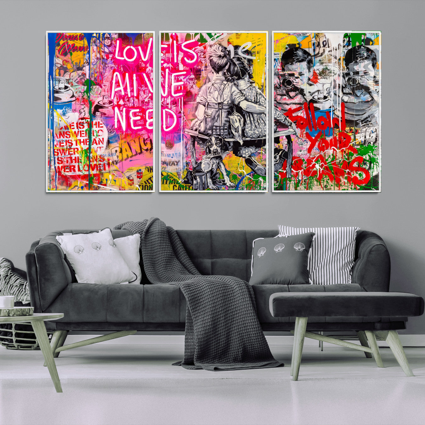 67019-MGV-CV-36X24-Follow Your Dreams & Love is All We Need Graffiti Street Art Triptych | Colorful Urban Wall Art