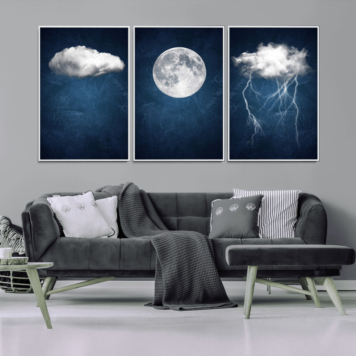 96569-MGV-CV-36X24-Dark Blue Cloud Art, 3 Piece Indigo Blue Wall Art, Aesthetic Surreal Art, Thunderstorm Moon Cloud
