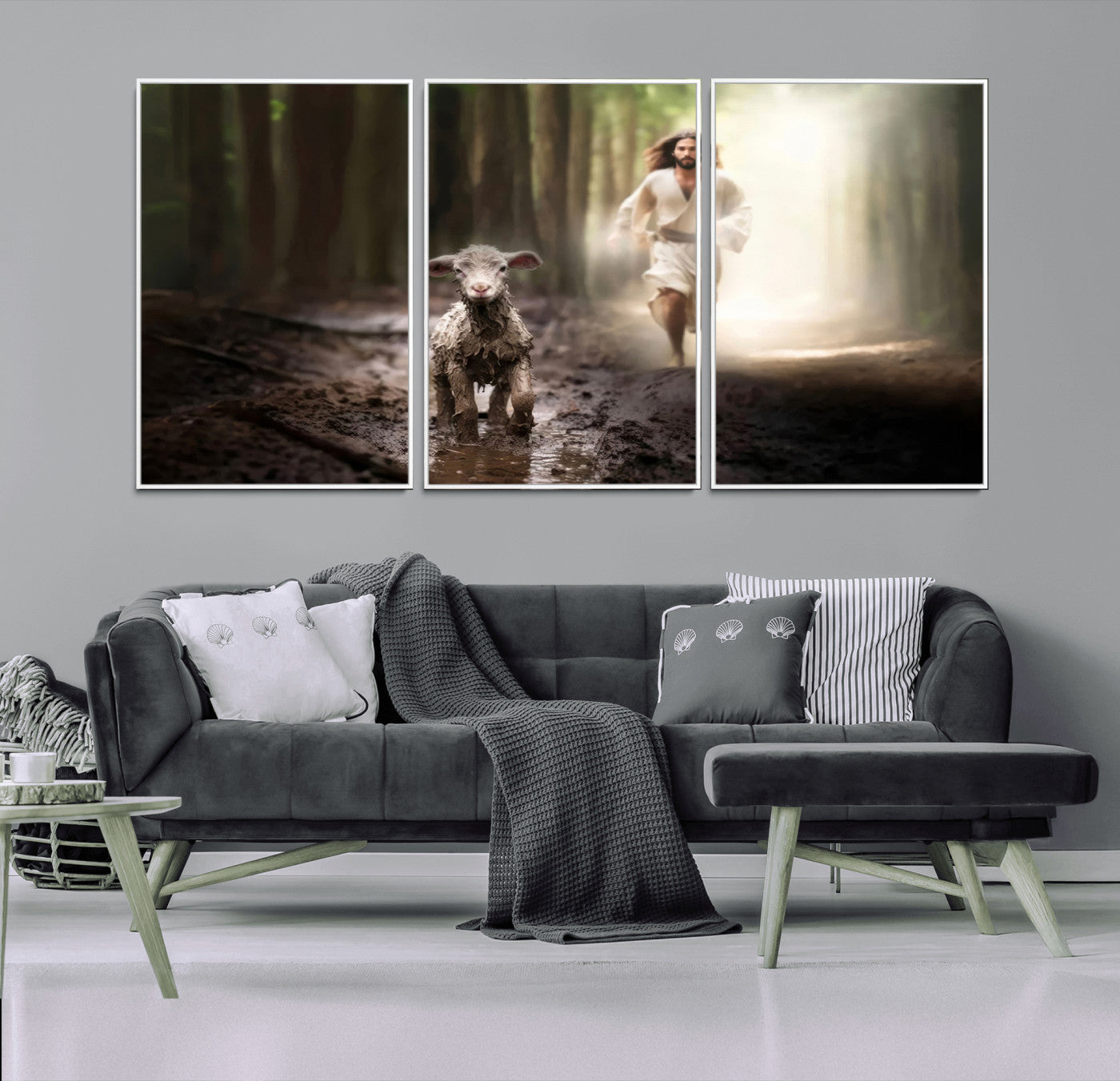 68919-MGV-FC-60X30-3P_White-Jesus Canvas Wall Art - Jesus Running After Lost Lamb, Jesus, Christian Home Decor - Church Wall Art