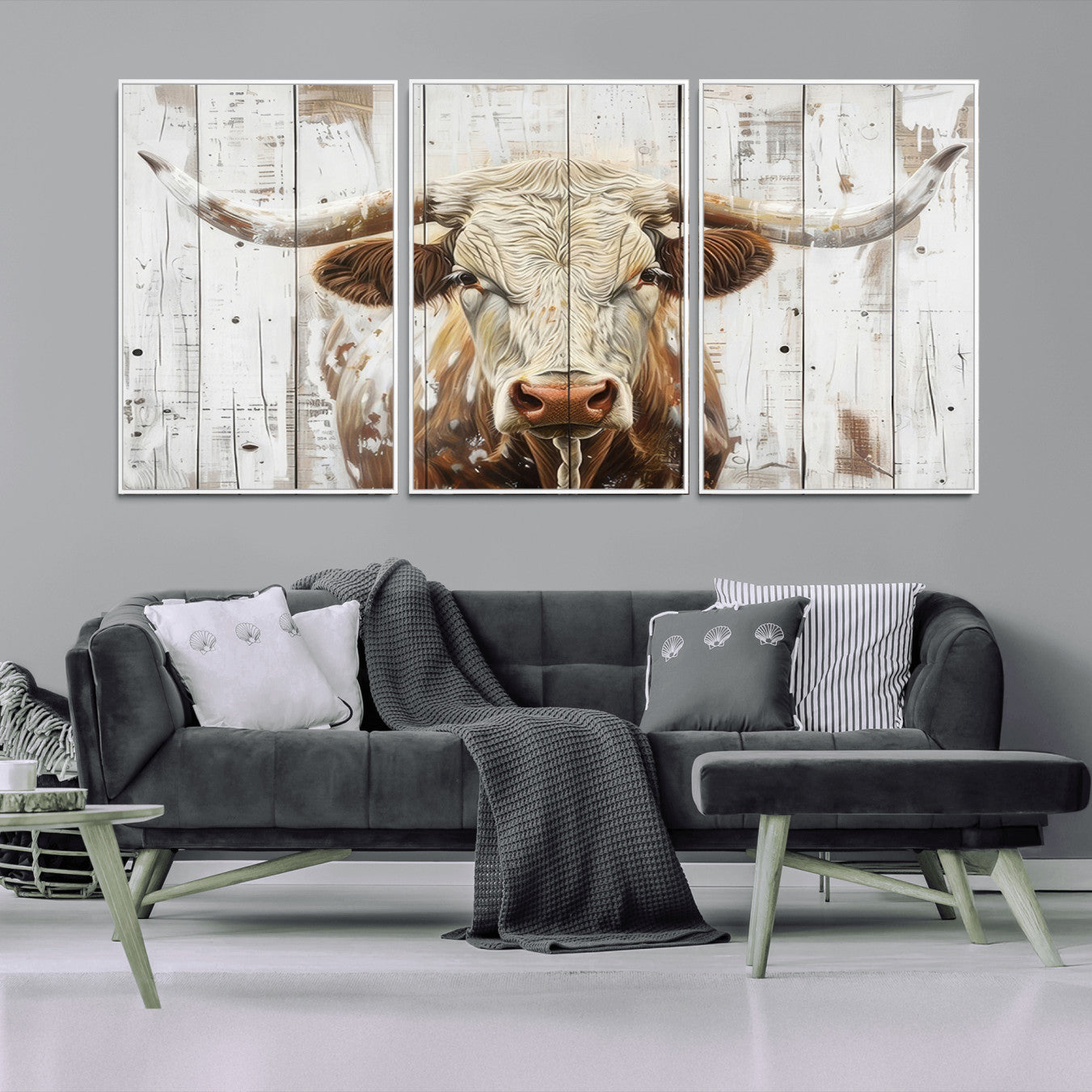 -Rustic Longhorn Bull Wall Art Canvas Set – Western-Inspired Farmhouse Décor - Ready to Hang