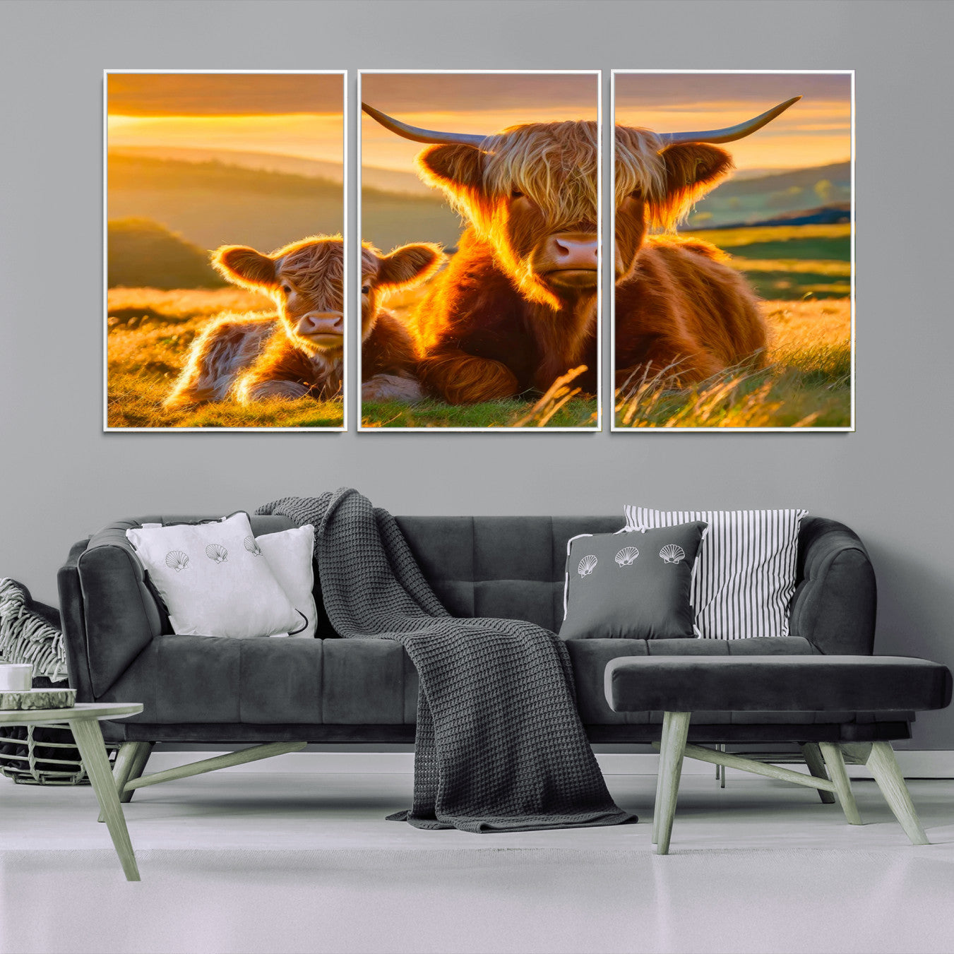 -Scottish Cow and Baby Cow Canvas Wall Art Animal Print Fluffy Cattle Framed Farmhouse Decor