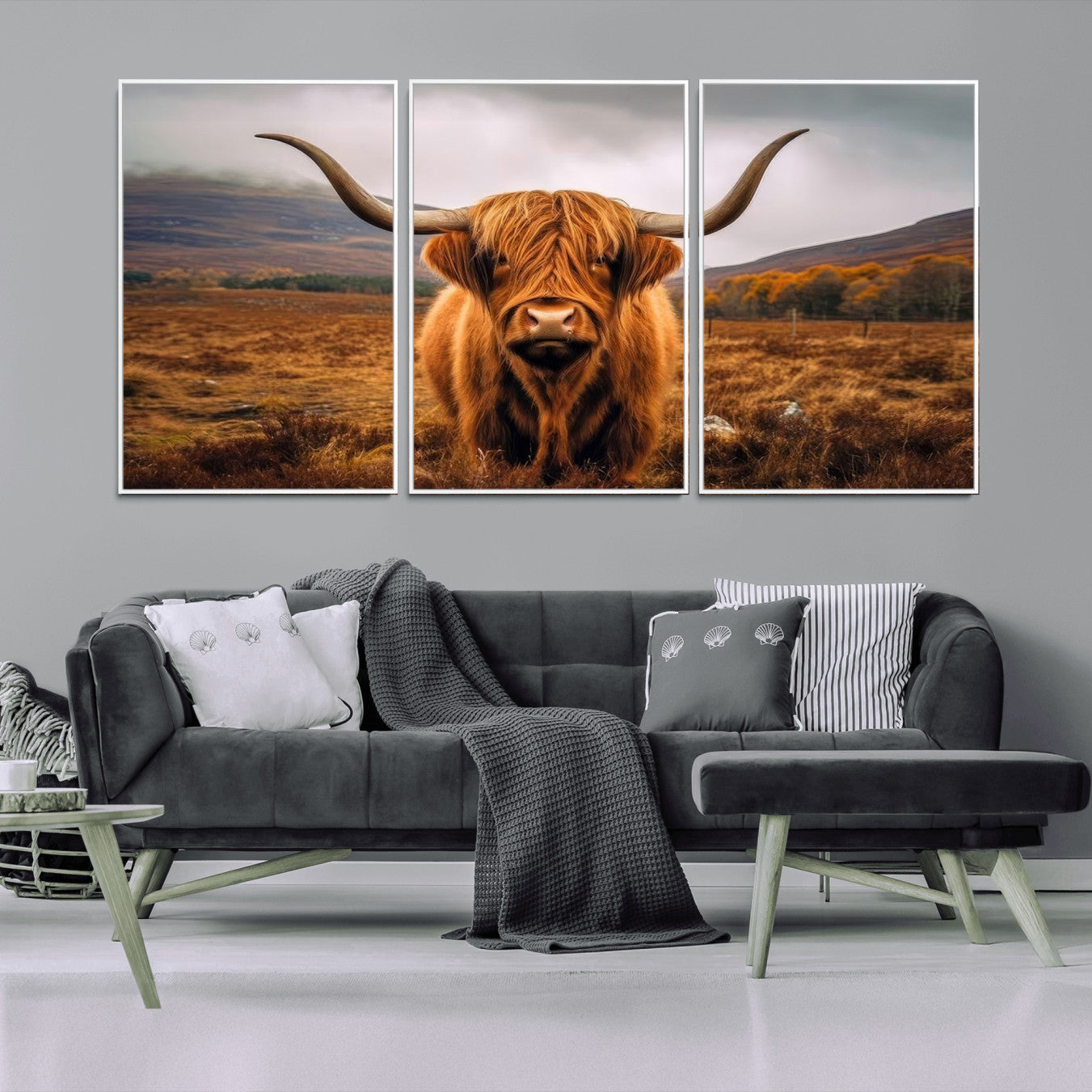65529-MGV-FC-60X30-3P_White-Highland Cow Longhorn Wall Art – Rustic Canvas Print, Framed and Ready to Hang for Farmhouse Décor