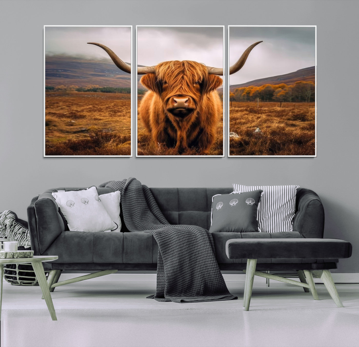 65529-MGV-FC-60X30-3P_White-Highland Cow Longhorn Wall Art – Rustic Canvas Print, Framed and Ready to Hang for Farmhouse Décor