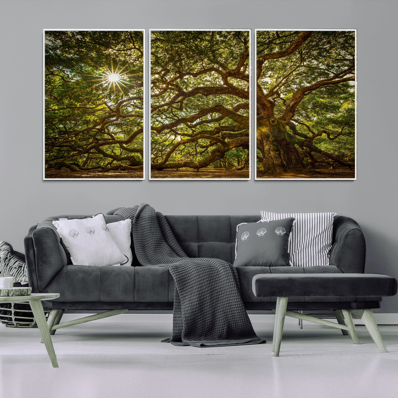 57983-MGV-CV-36X24-Ancient Angel Oak Tree Art Sunburst Canvas Print- Nature-Inspired Triptych Canvas Print, Framed,