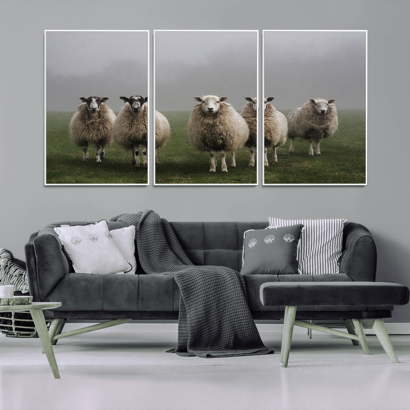 87339-MGV-FC-60X30-3P_White-Flock of Sheep in a Mystical Fog – Pastoral Wall Art Canvas Print, Framed, Ready to Hang
