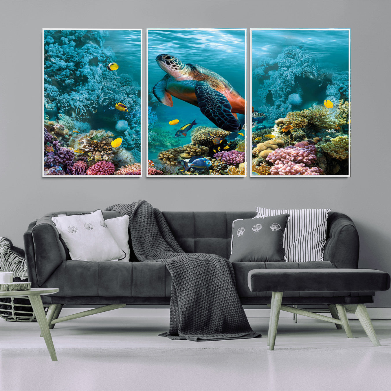 -Sea Turtle and Coral Reef Triptych Wall Art – Vibrant Underwater Scene Canvas Set for Ocean Lovers