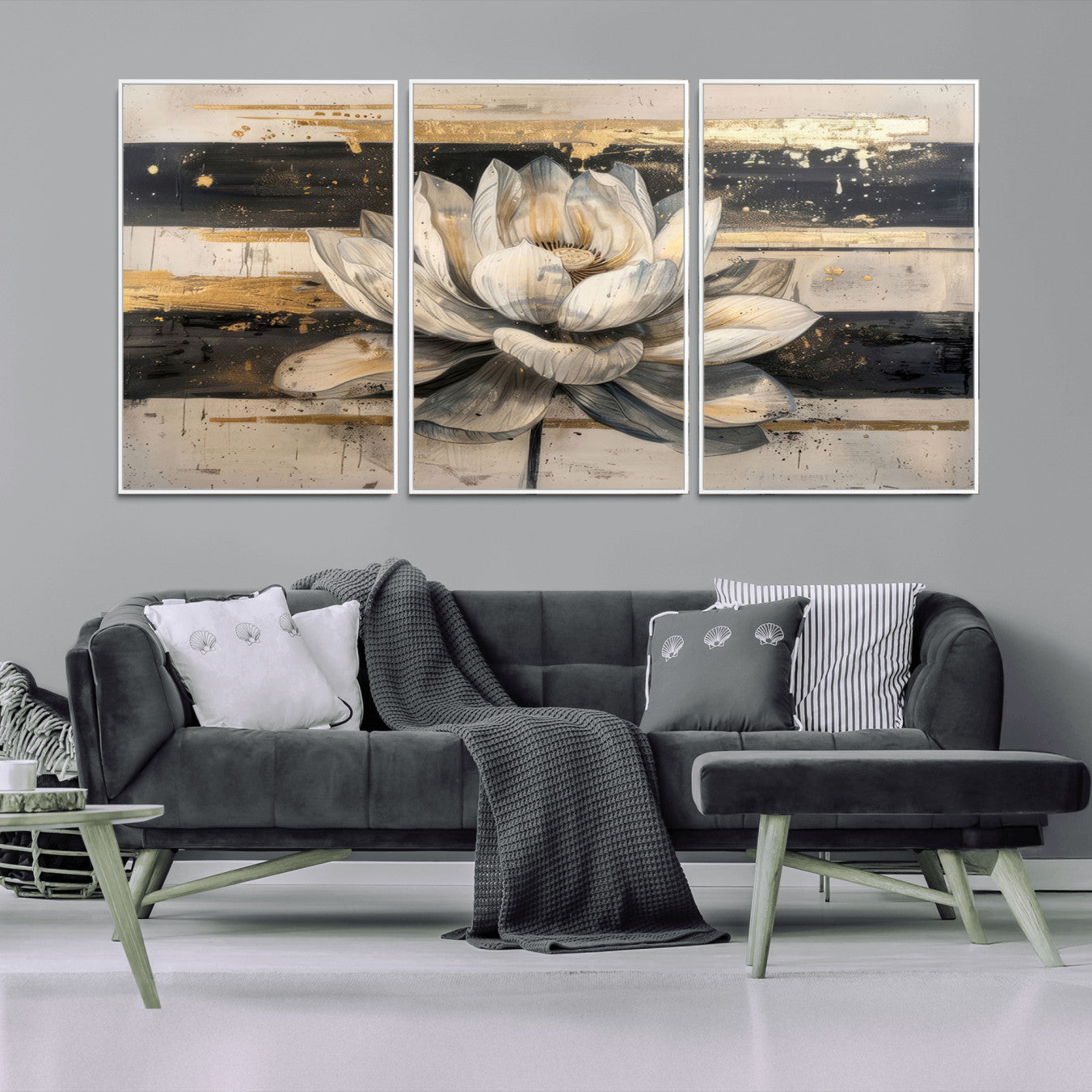 MGV-FC-60X30-3P - Lotus Flower Wall Art Canvas Print, Framed Abstract Lotus Art Picture Print, White Lotus Flower Perfect Abstract Floral Decor Artwork