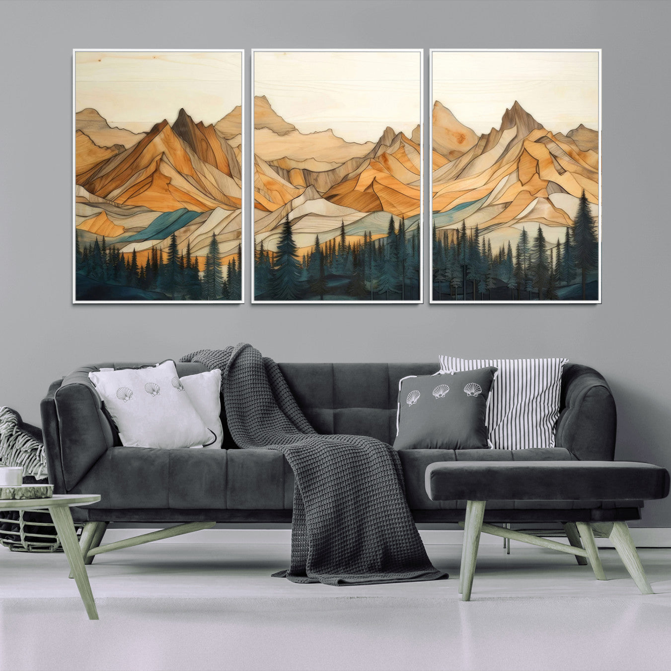 31576-MGV-CV-36X24-Rustic Wood Mountain Wall Art Print | Triptych Giclee Print Featuring Handcrafted Forest and