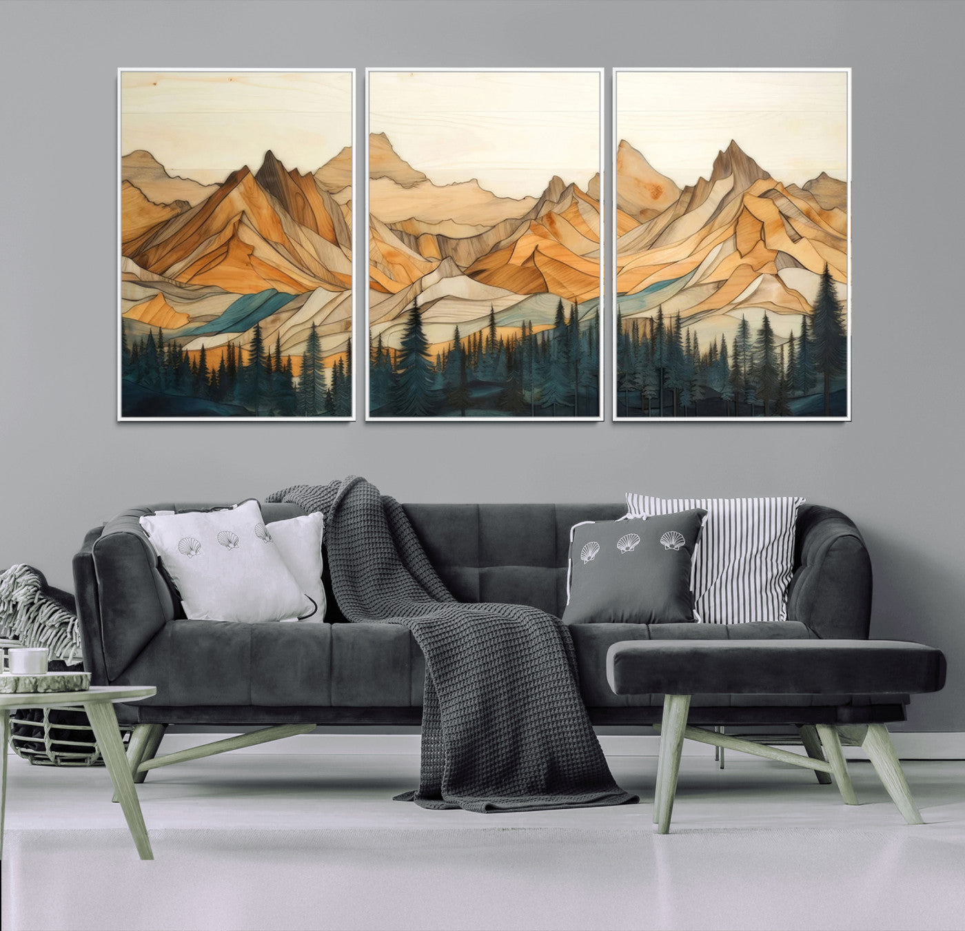 -Rustic Wood Mountain Wall Art Print | Triptych Giclee Print Featuring Handcrafted Forest and