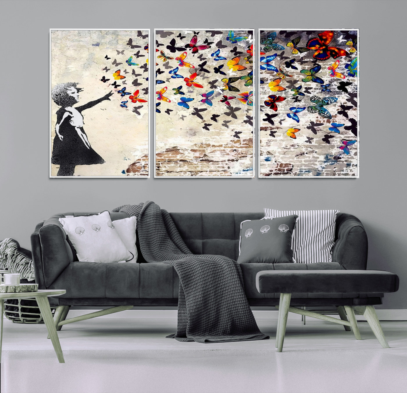 97895-MGV-CV-36X24-Banksy Graffiti Wall Art Canvas Print: Girl Releasing Vibrant Butterflies – Ready to Hang