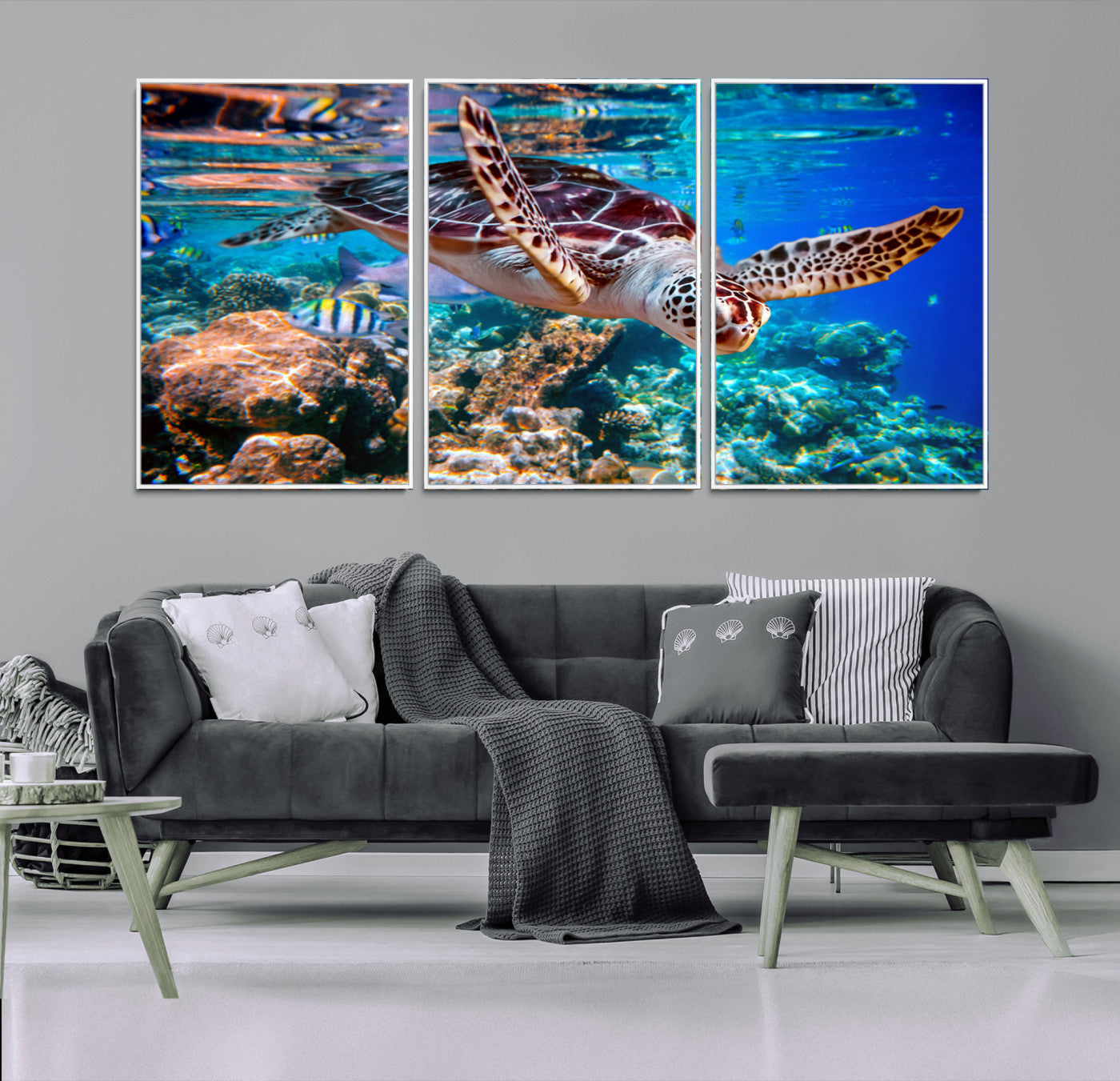 -Underwater Coral Reef Sea Turtle Wall Art Canvas Print, Vibrant Marine Life | Colorful Ocean Scene