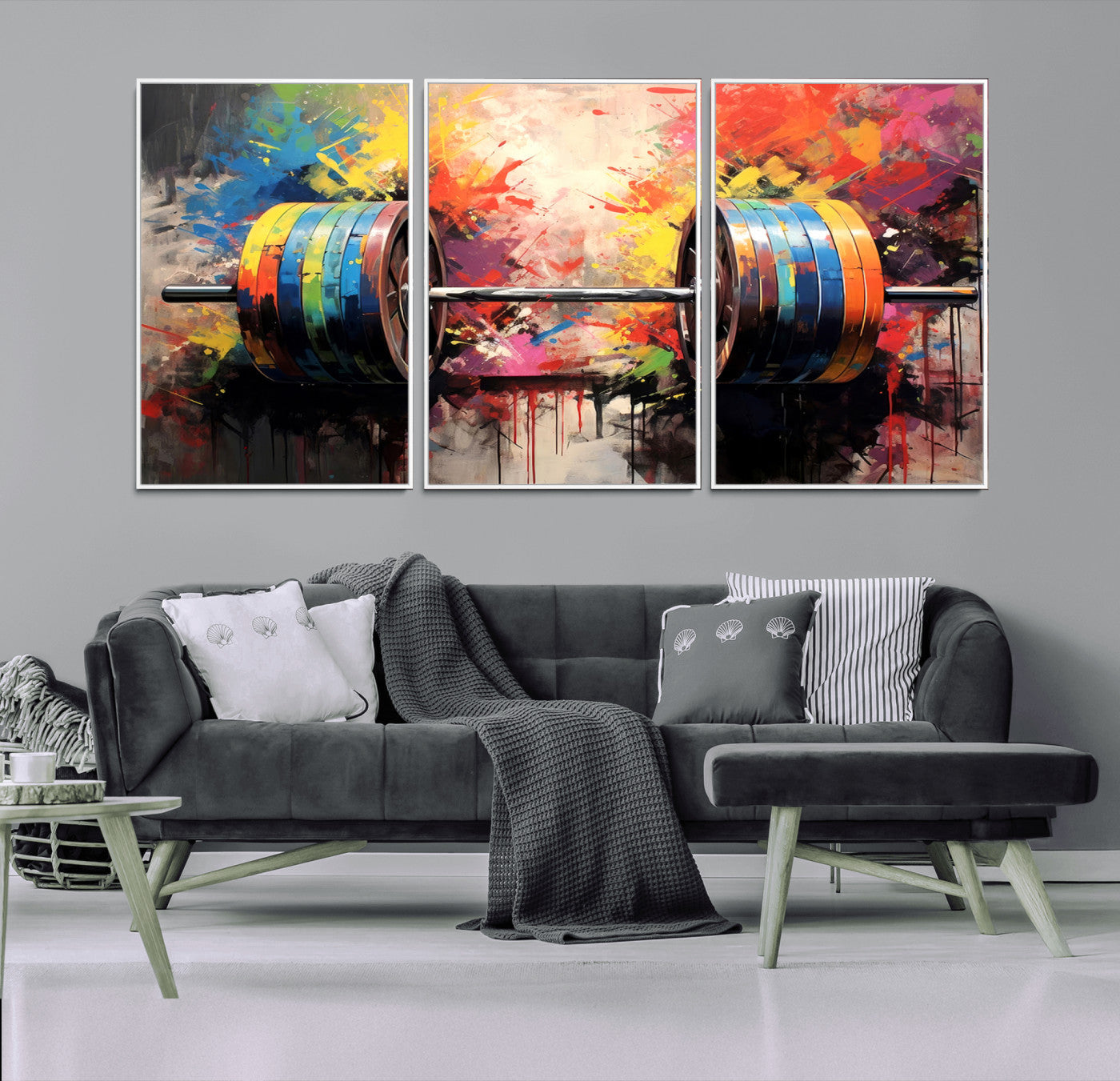 80436-MGV-FC-60X30-3P_White-Weightlifting Barbell Art Triptych, Bold Abstract Fitness Wall Decor for Gym or Home, Giclee Canvas