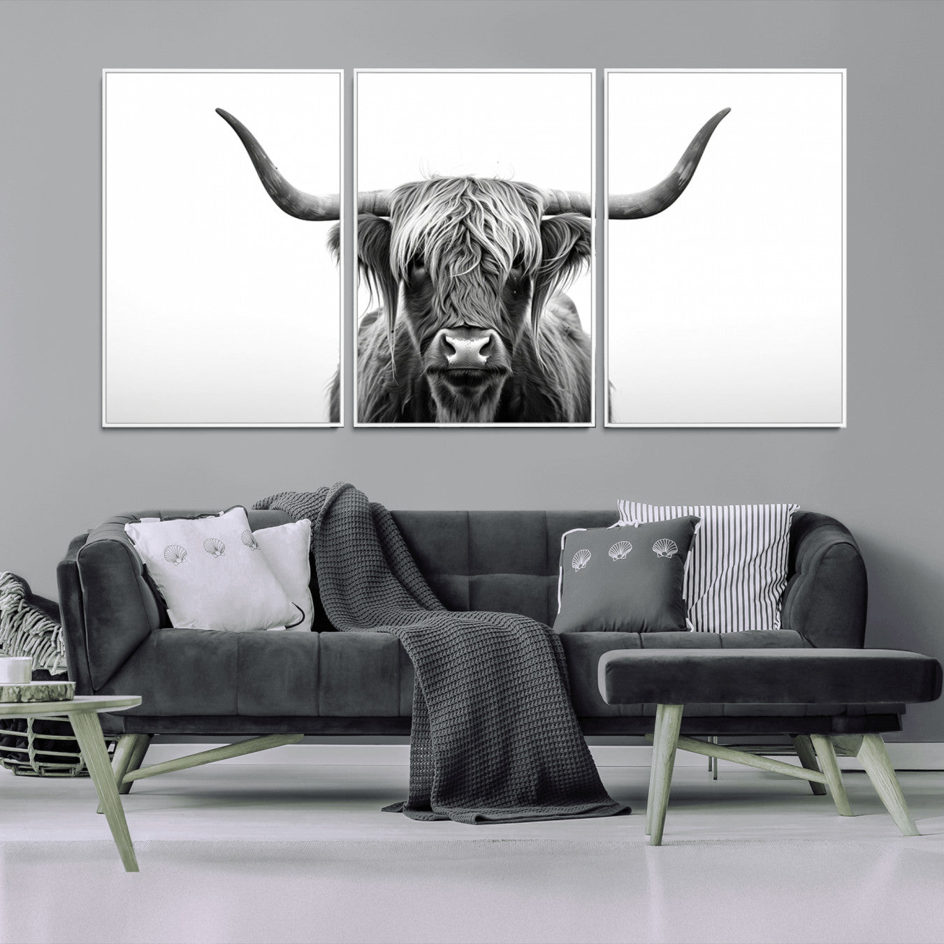 -Highland Wall Art Canvas Print – Minimalist Black and White Farmhouse Décor, Ready to Hang