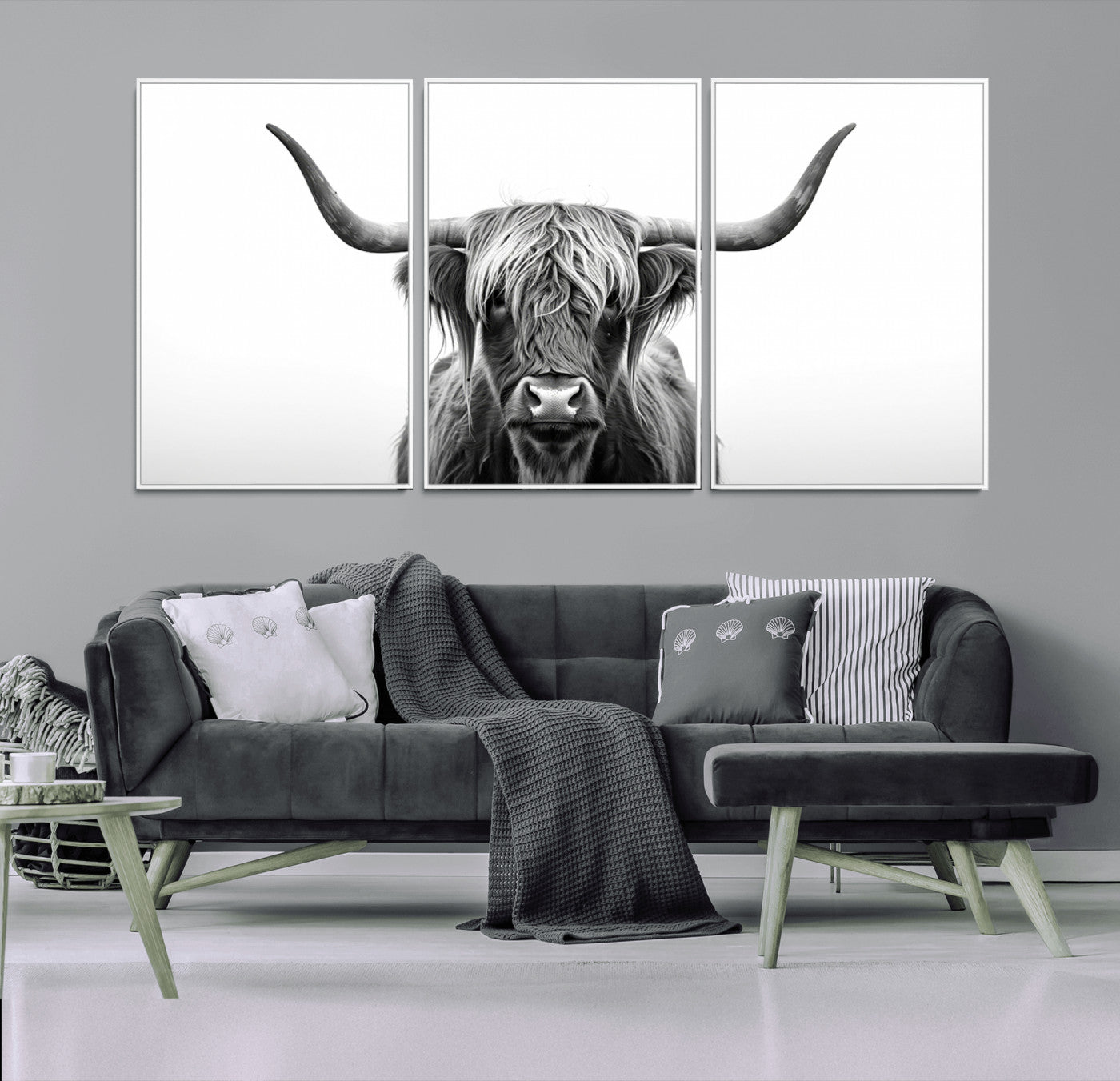 -Highland Wall Art Canvas Print – Minimalist Black and White Farmhouse Décor, Ready to Hang