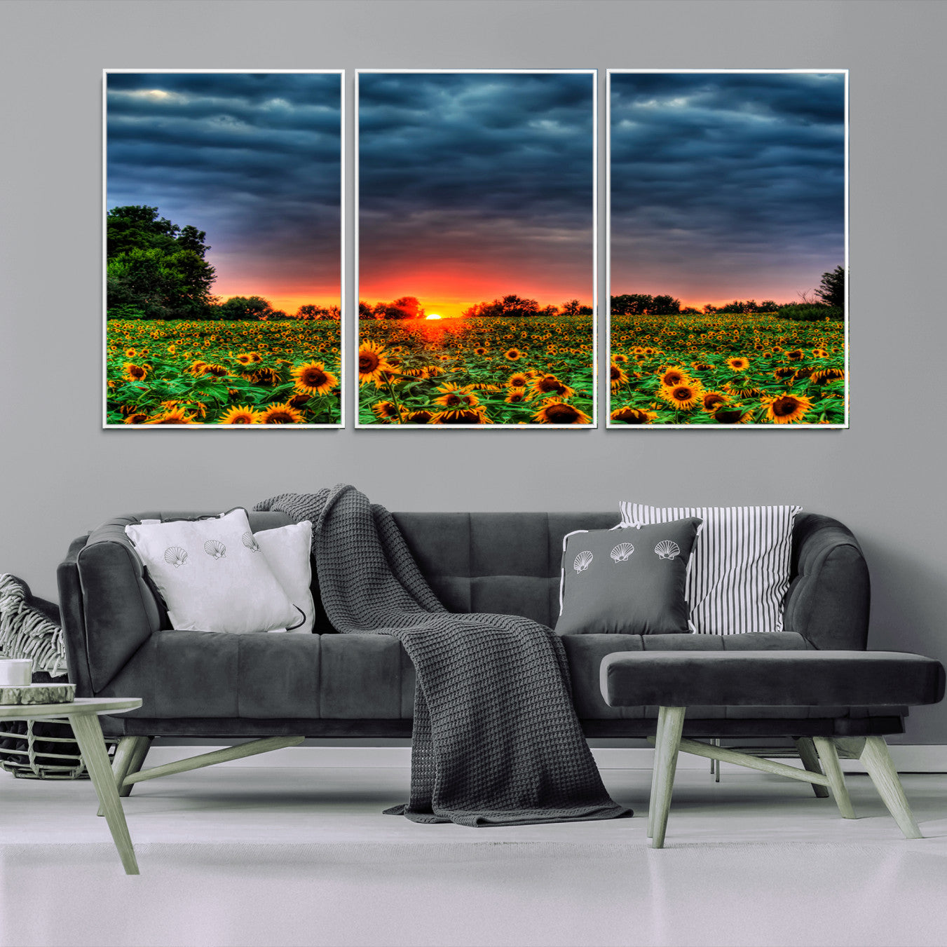 45045-MGV-FC-60X30-3P_White-Golden Sunflower Field at Sunset – Breathtaking Sky and Vibrant Flowers, Ready to Hang Wall Art