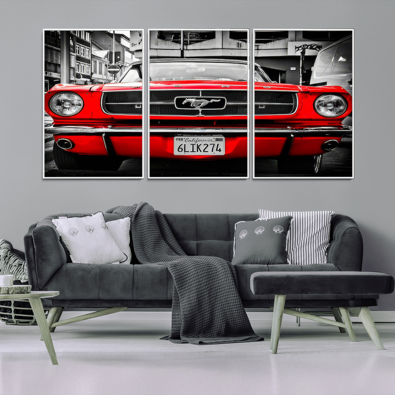 20365-MGV-FC-60X30-3P-Red Mustang Car Wall Art – Framed Classic Vehicle Canvas Artwork, Black White Urban Design, Decor for Home, Office