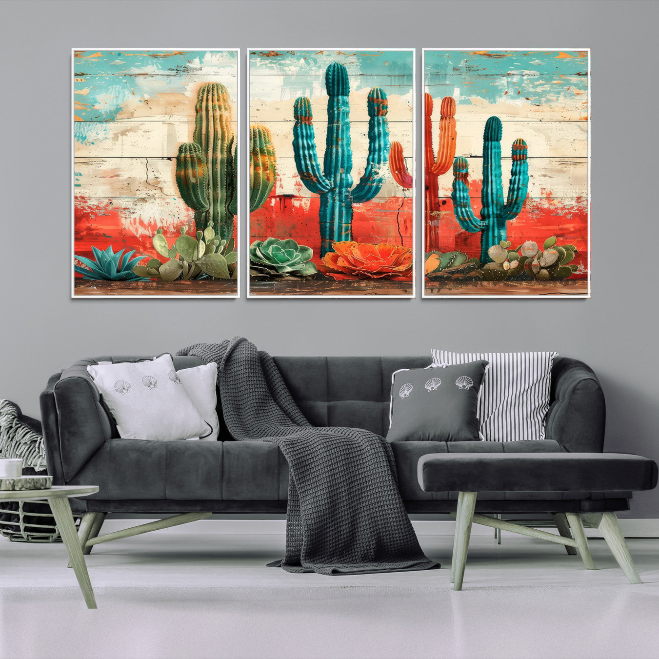 A vivid southwestern-style artwork featuring an eclectic mix of cacti and succulents painted against a textured, rustic wood backdrop in rich turquoise, red, and orange hues.