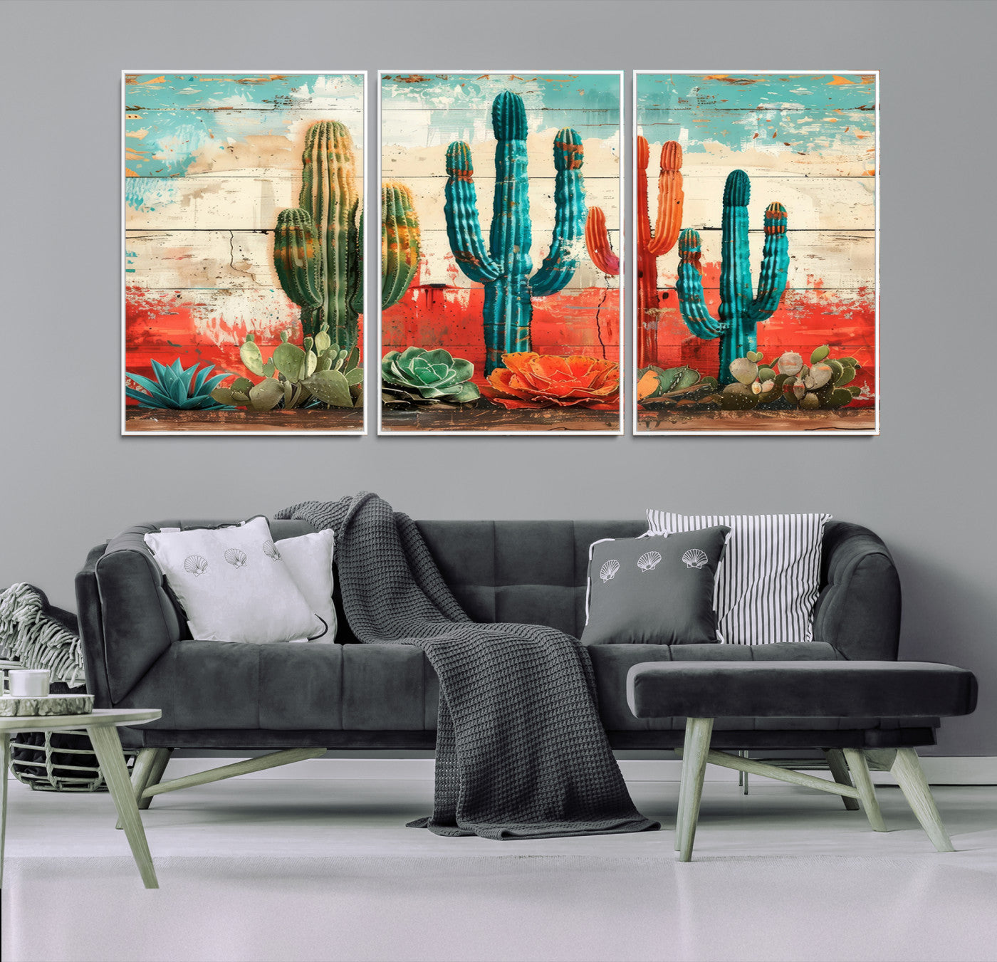 A vivid southwestern-style artwork featuring an eclectic mix of cacti and succulents painted against a textured, rustic wood backdrop in rich turquoise, red, and orange hues.