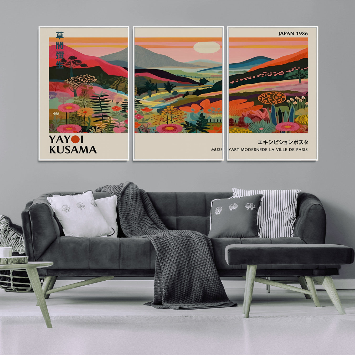 -Yayoi Kusama Landscape Canvas Print, Vibrant Floral Mountain Art Print, Botanical Flower Nature
